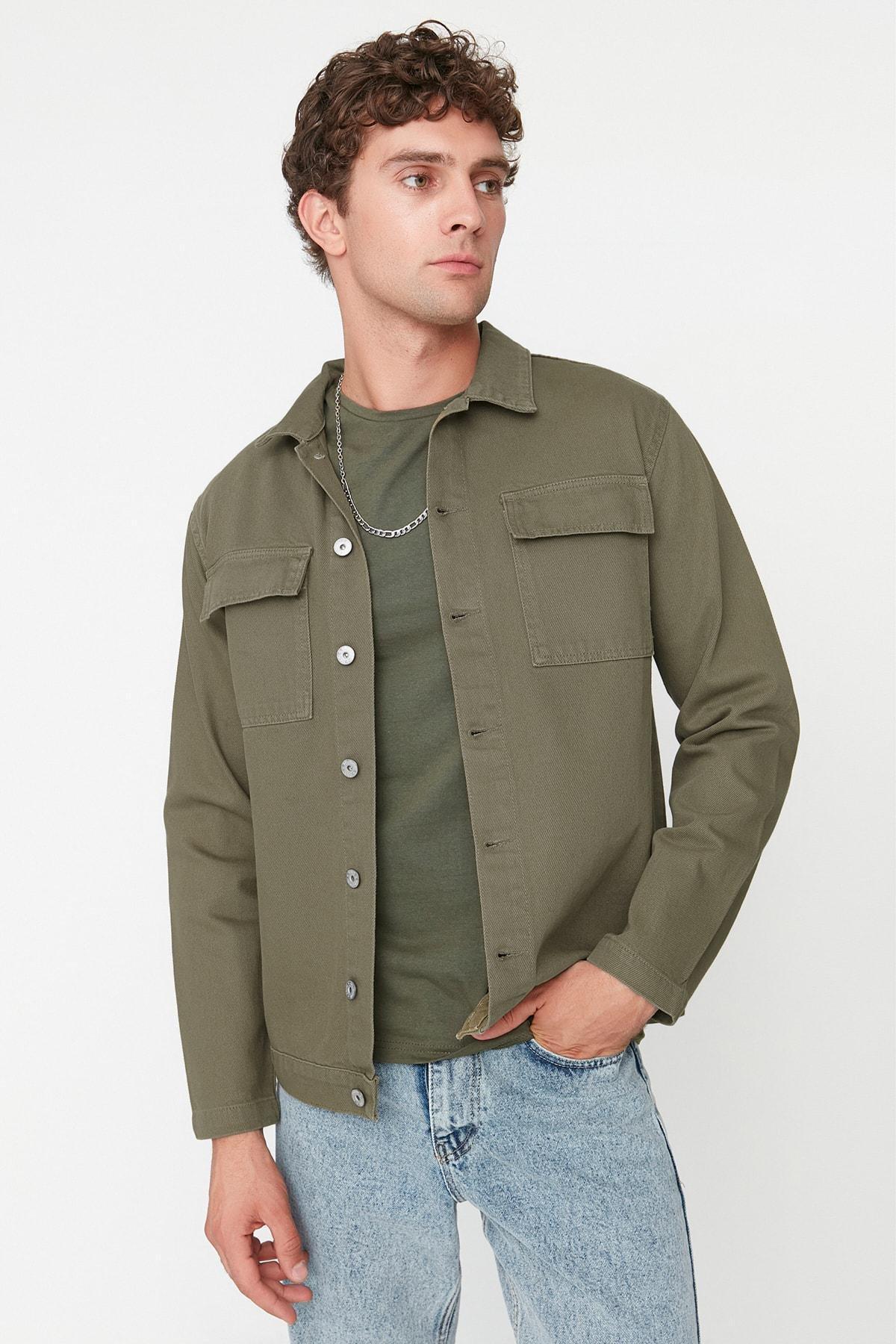 Green Lapel Collar Jacket, Khaki, large image number 0