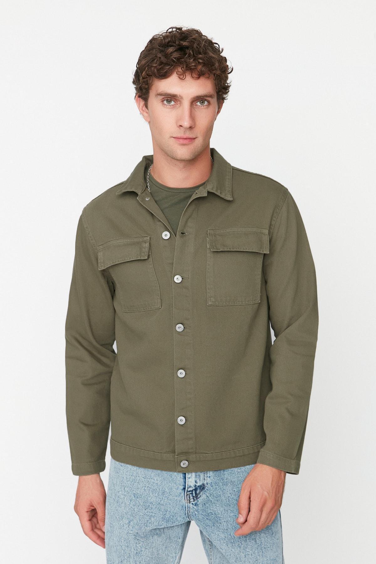 Green Lapel Collar Jacket, Khaki, large image number 1