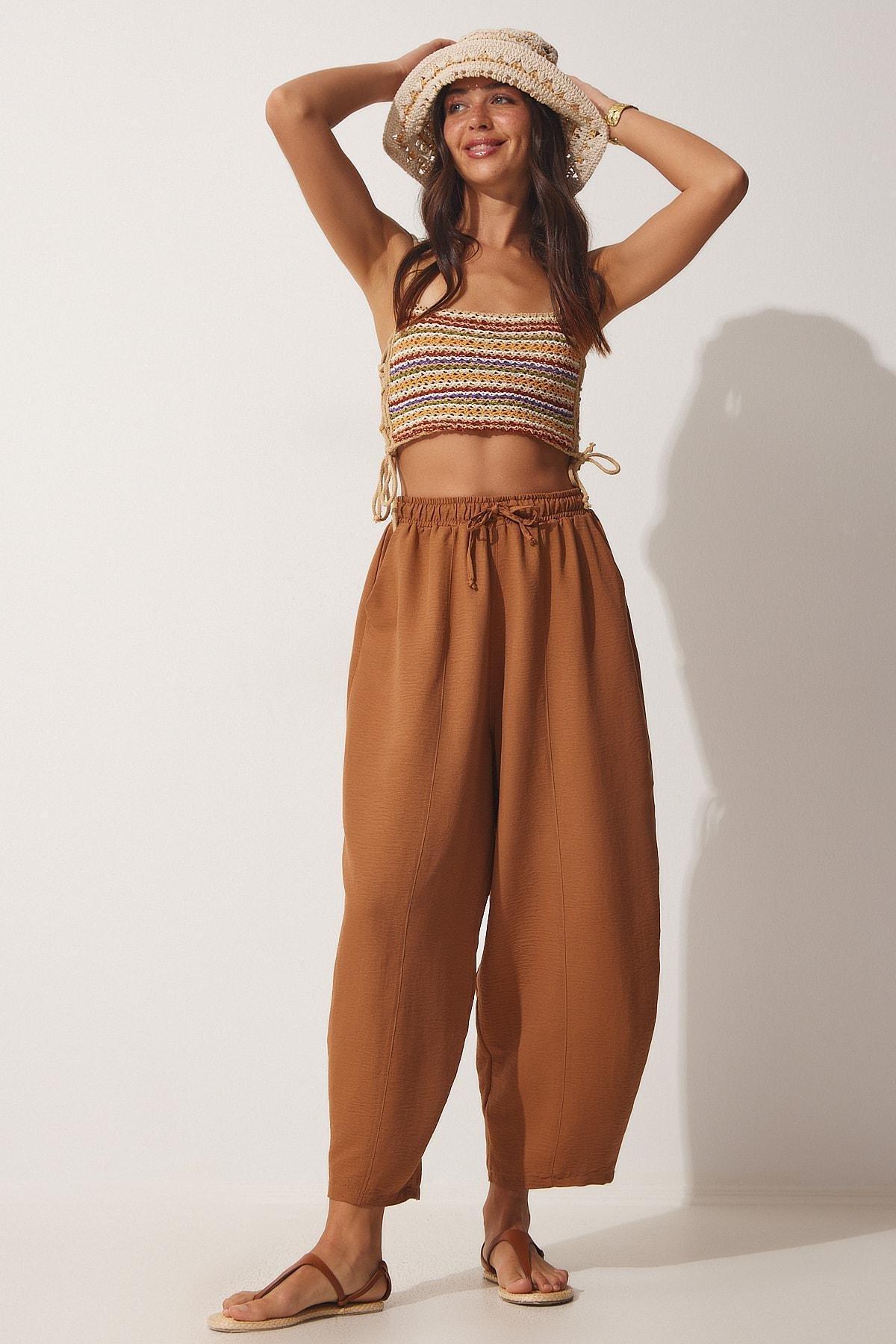 Brown Pocket Linen Viscose Shalwar Trousers, , large image number 0