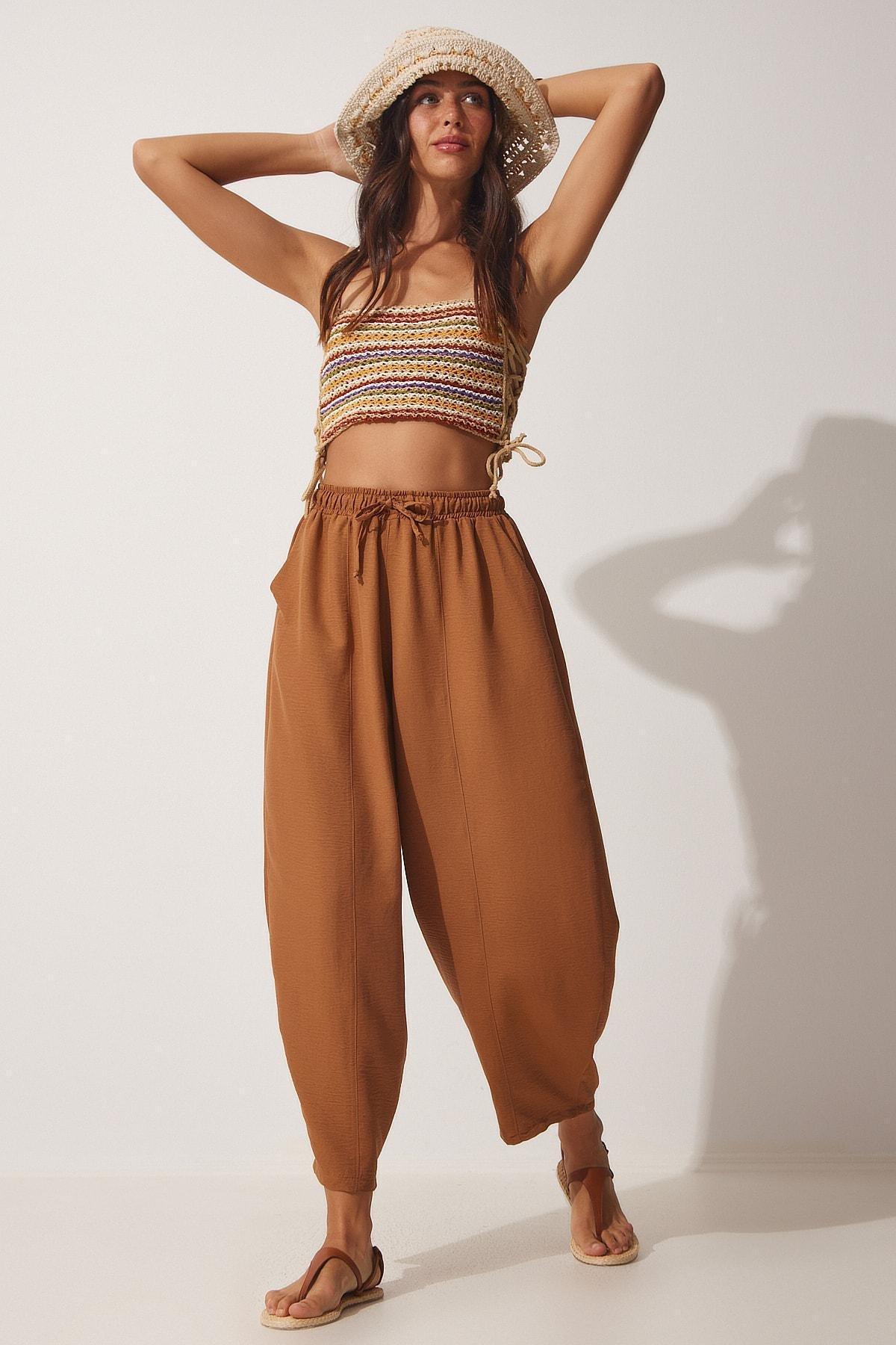 Brown Pocket Linen Viscose Shalwar Trousers, , large image number 1