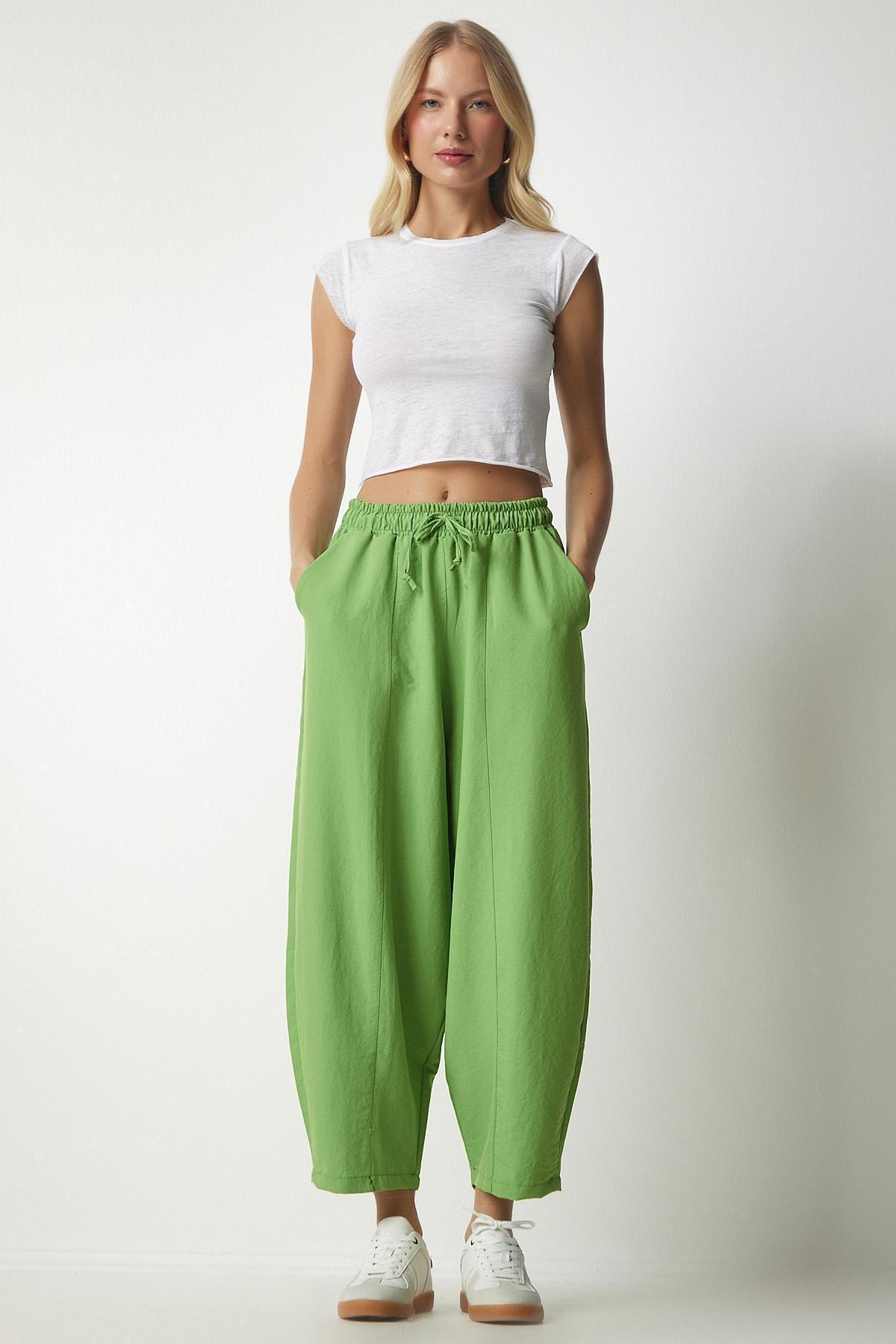 Green Linen Viscose Baggy Pants With Pocket, , large image number 0