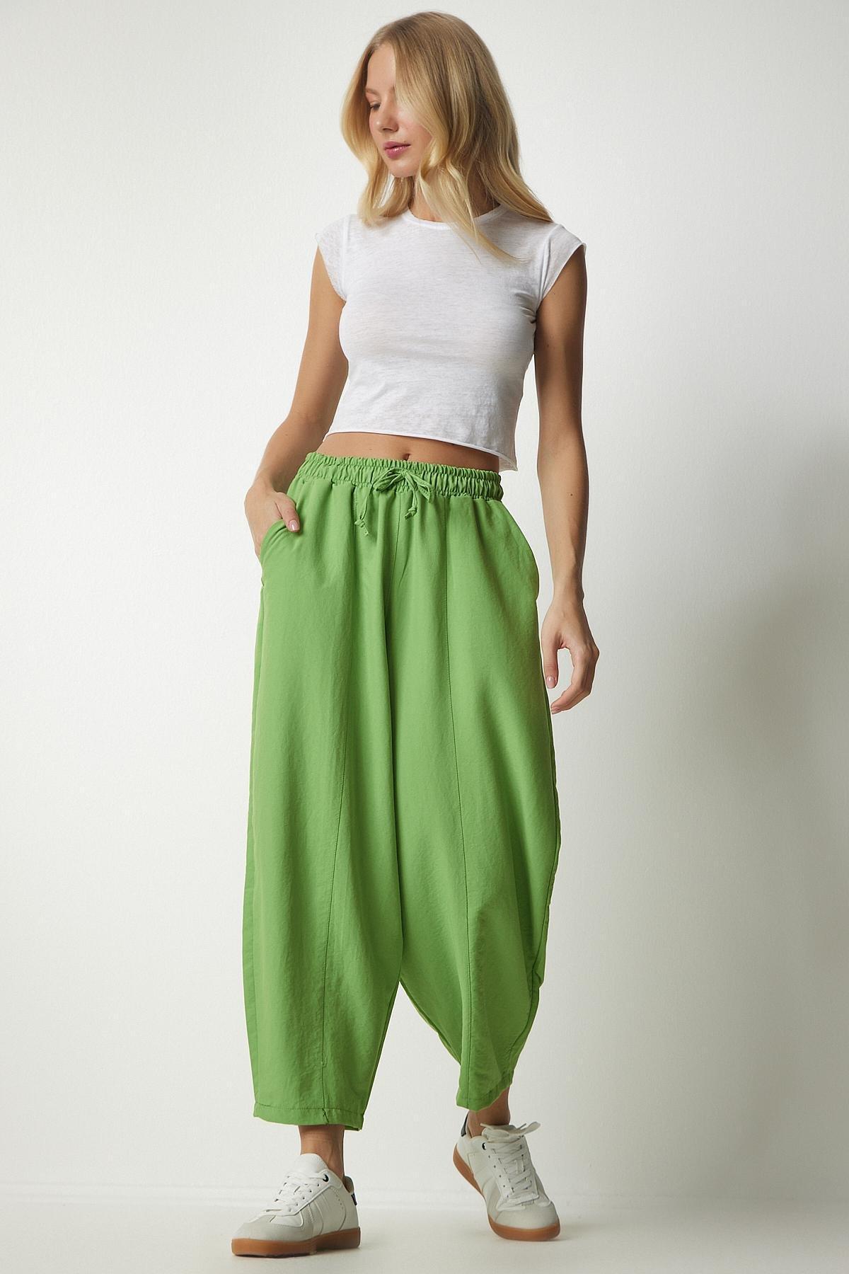 Green Linen Viscose Baggy Pants With Pocket, , large image number 1