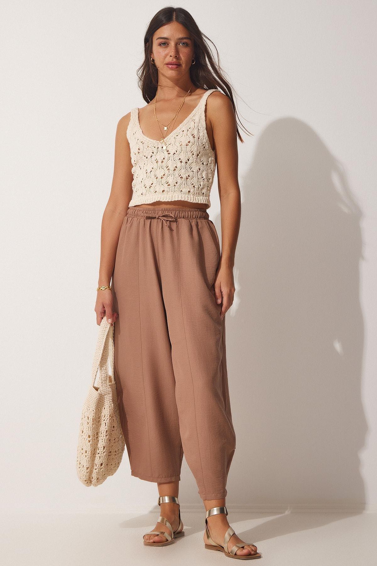 Brown Pocketed Linen Viscose Trousers, , large image number 0