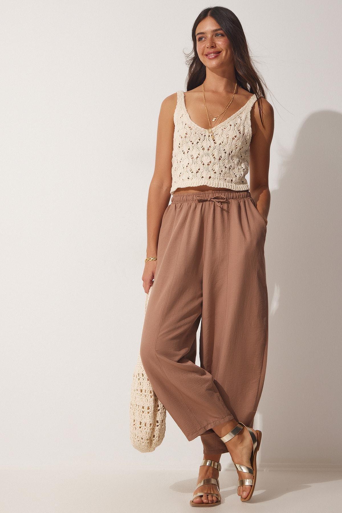 Brown Pocketed Linen Viscose Trousers, , large image number 1