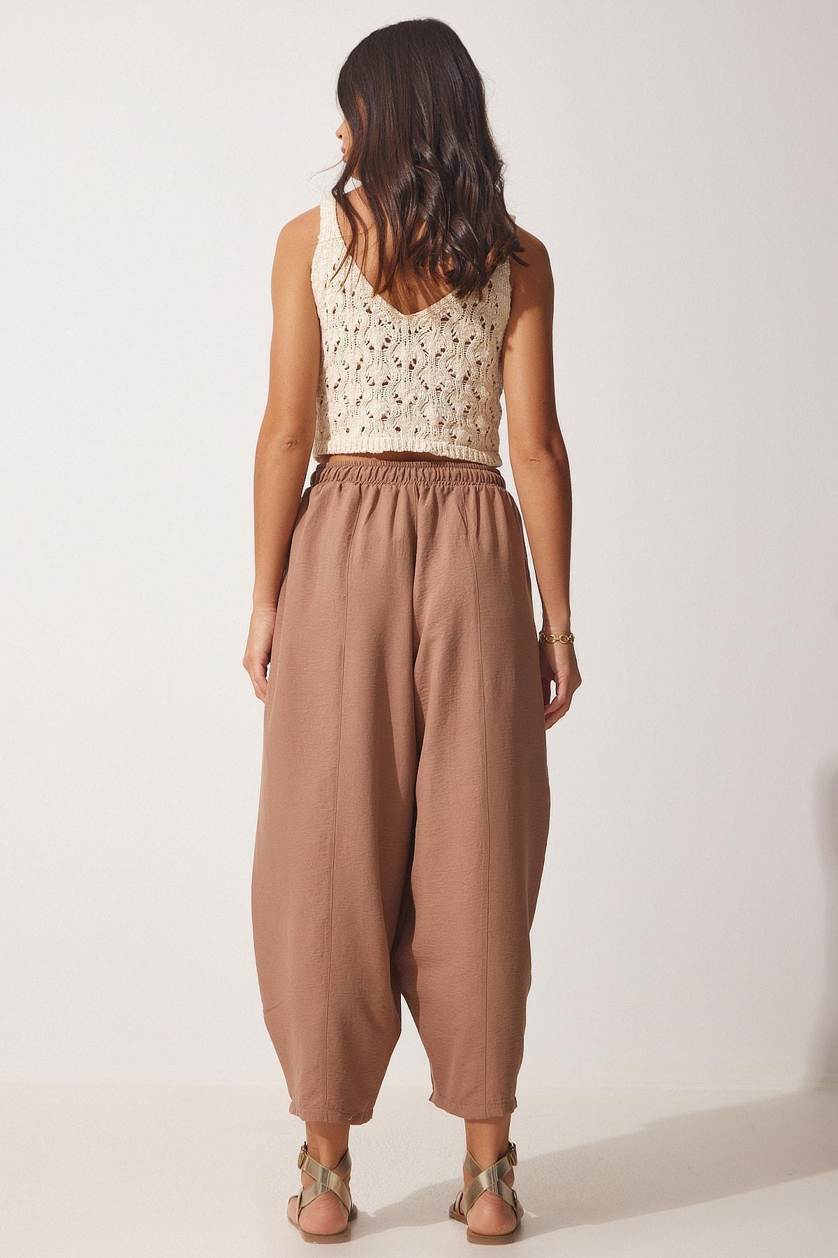 Brown Pocketed Linen Viscose Trousers, , large image number 3
