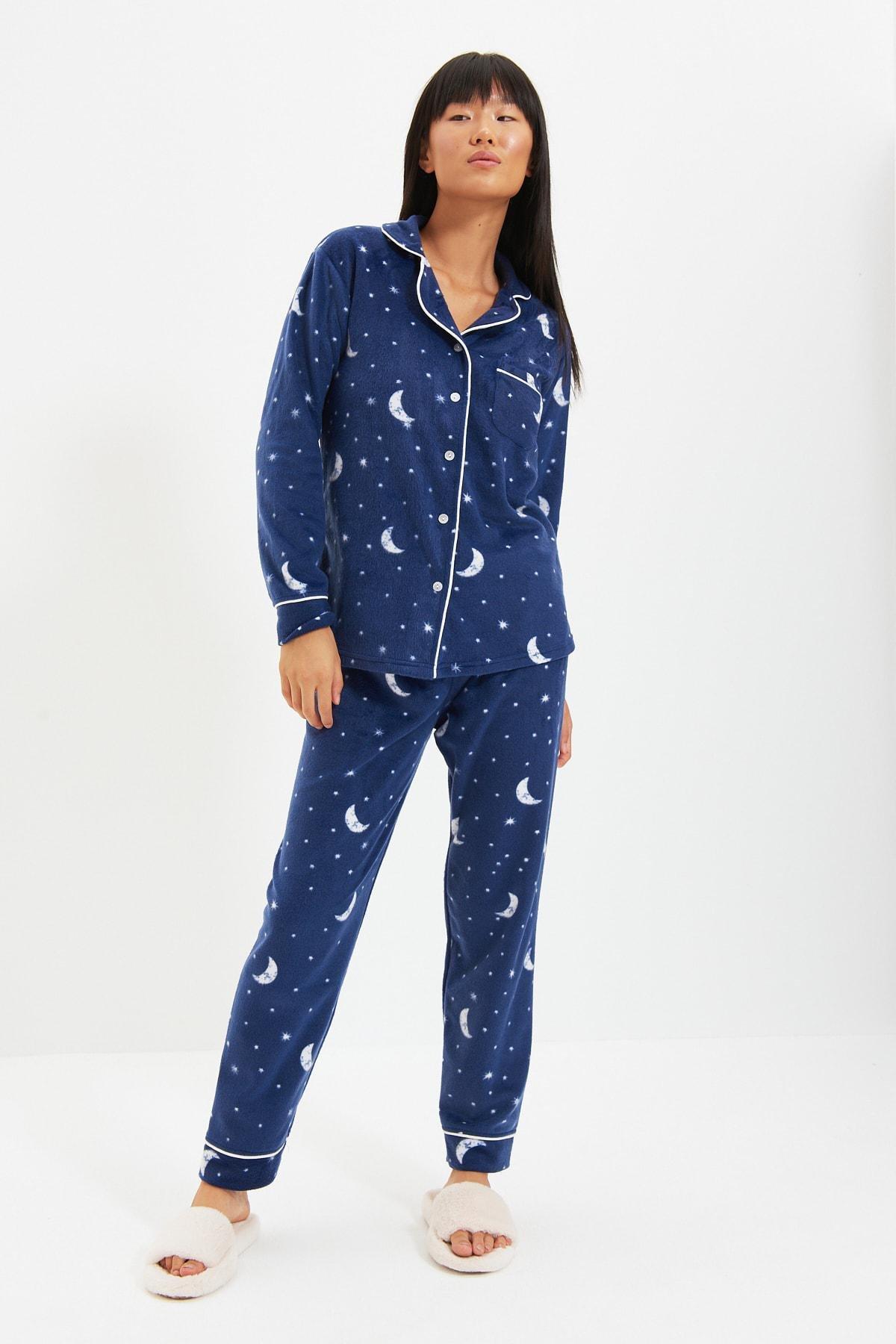 Blue Printed Mid Waist Pajama Set, , large image number 0