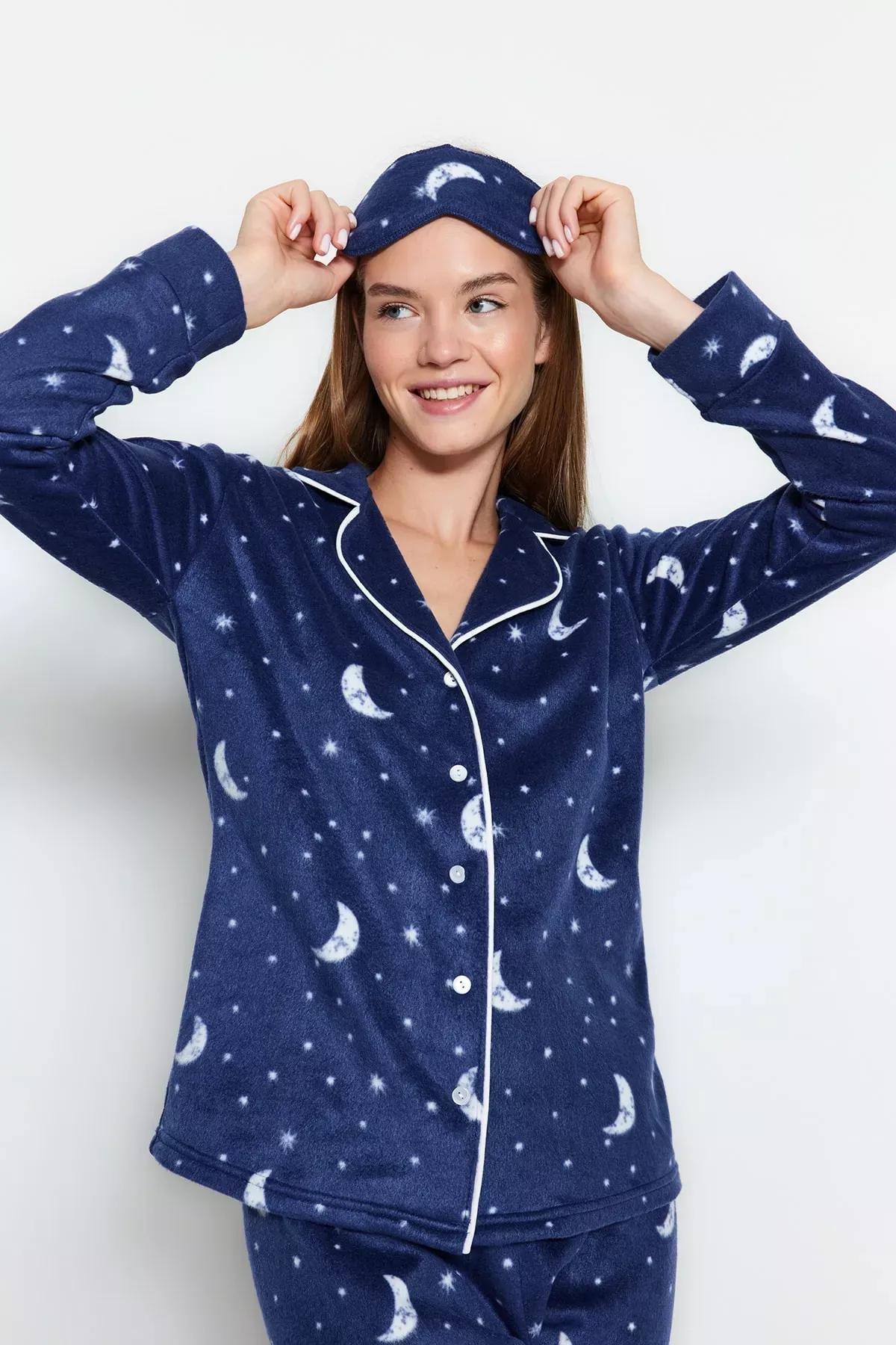 Blue Printed Mid Waist Pajama Set, , large image number 0