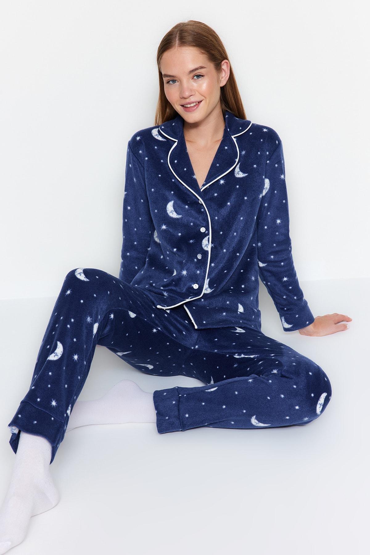 Blue Printed Mid Waist Pajama Set, , large image number 1