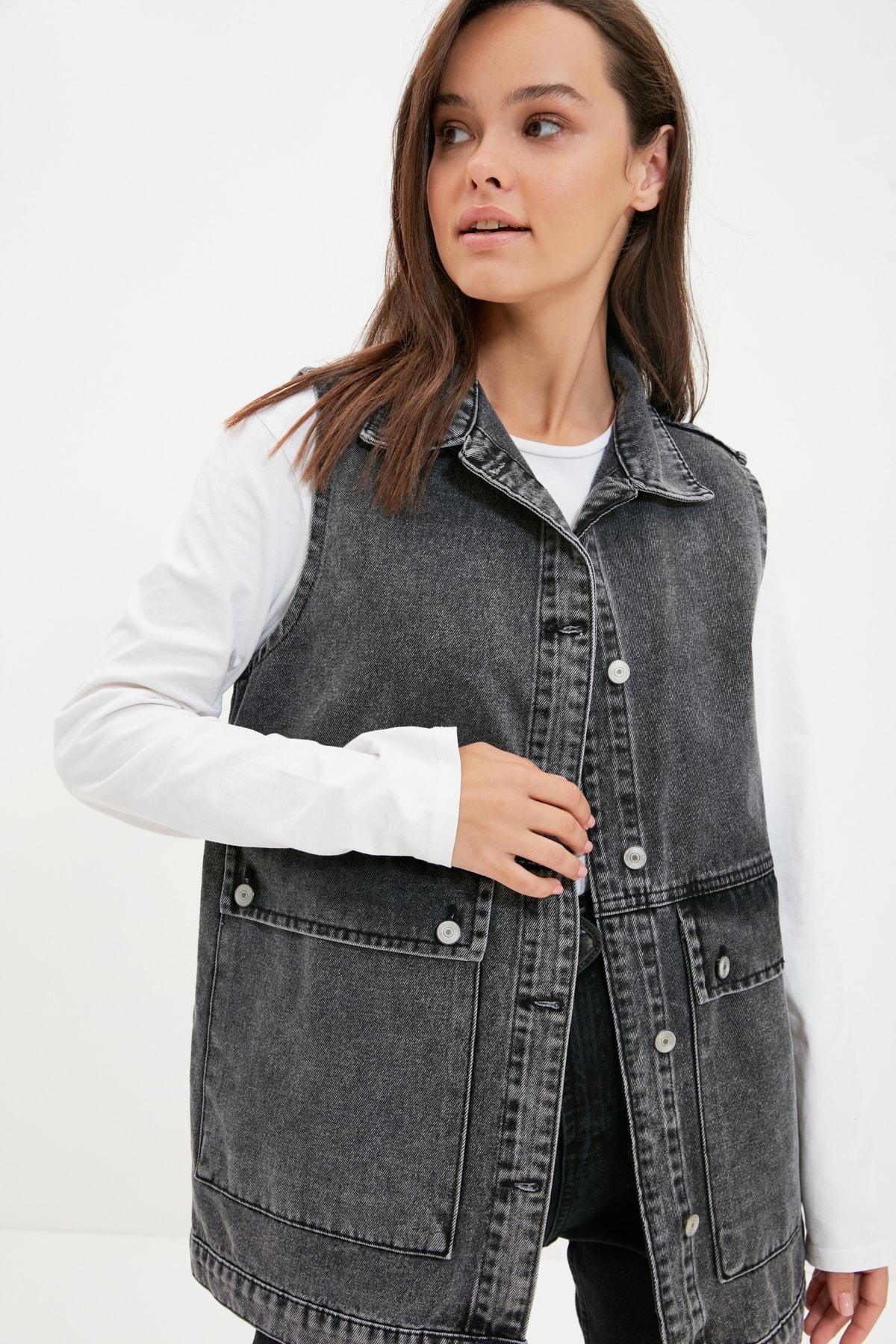 Grey Collared Detailed Denim Jacket, Gray, large image number 0