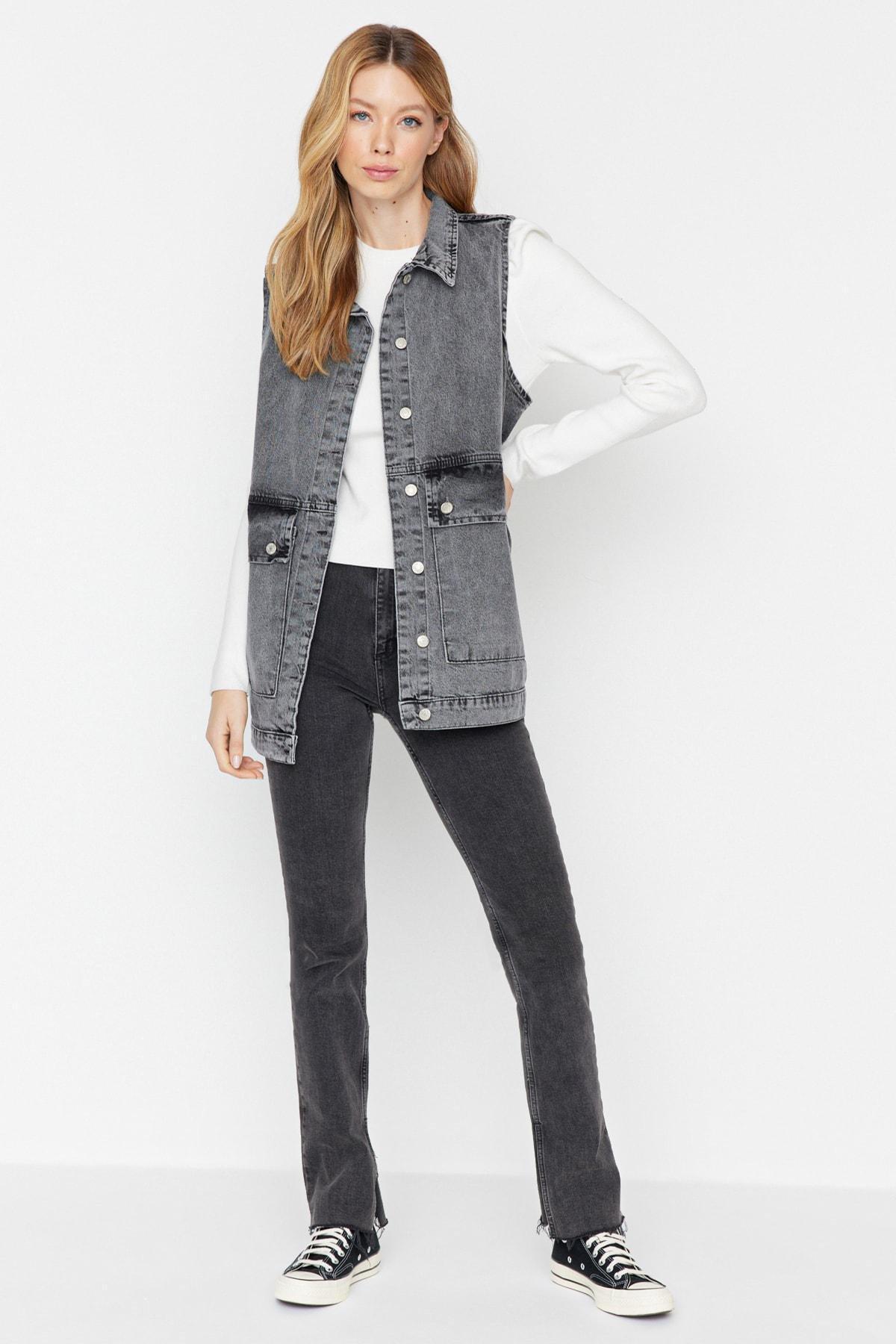 Grey Collared Detailed Denim Jacket, Gray, large image number 1