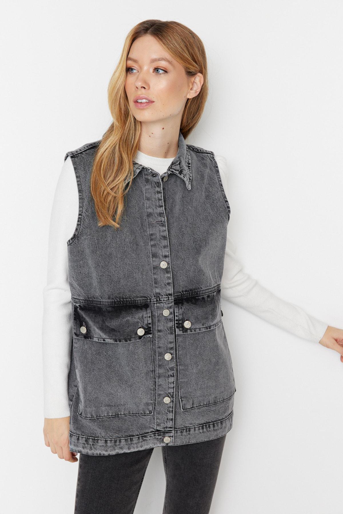 Grey Collared Detailed Denim Jacket, Gray, large image number 3