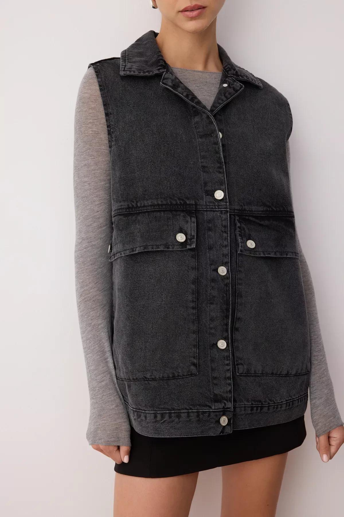 Grey Collared Detailed Denim Jacket, Gray, large image number 4