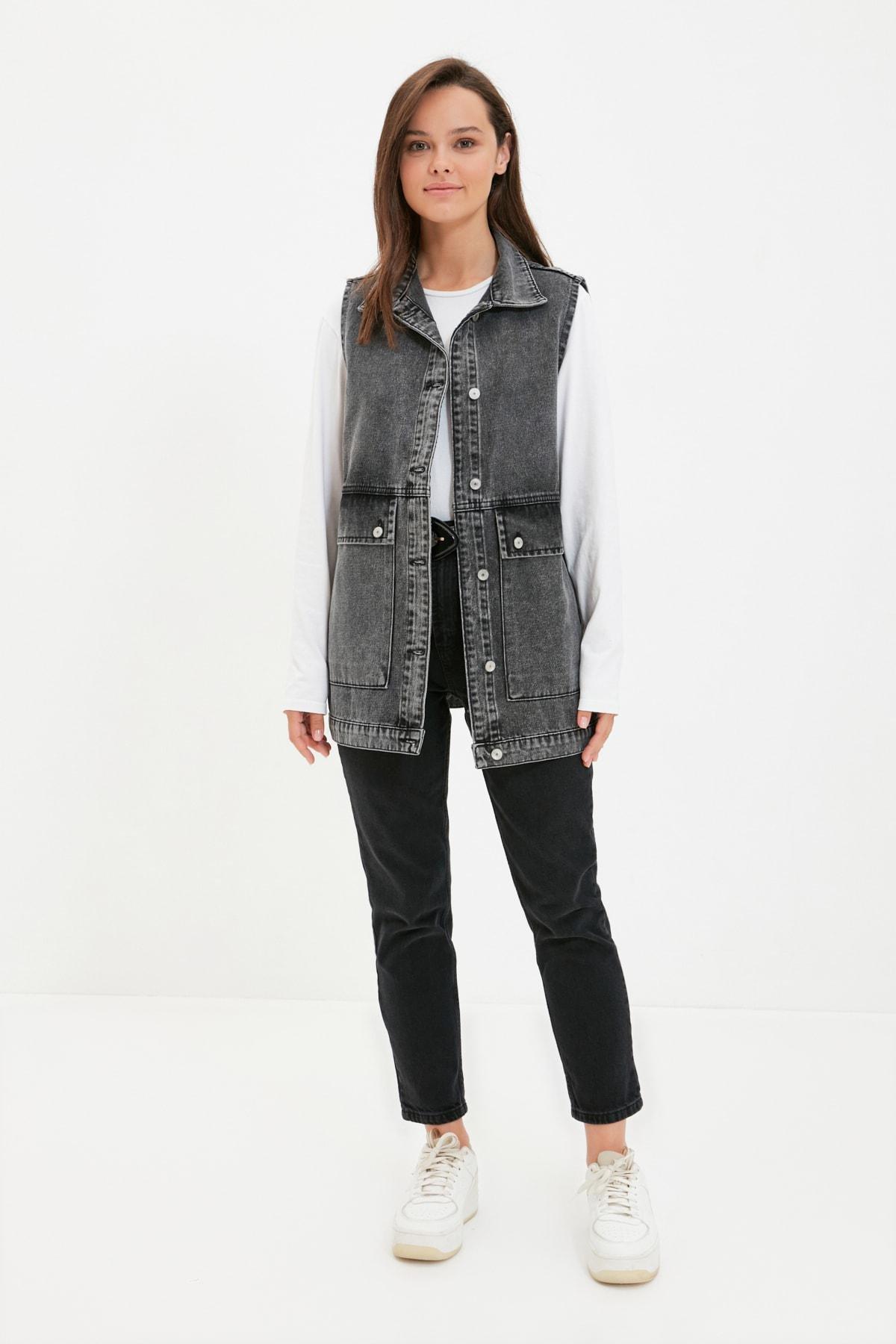 Grey Collared Detailed Denim Jacket, Gray, large image number 5