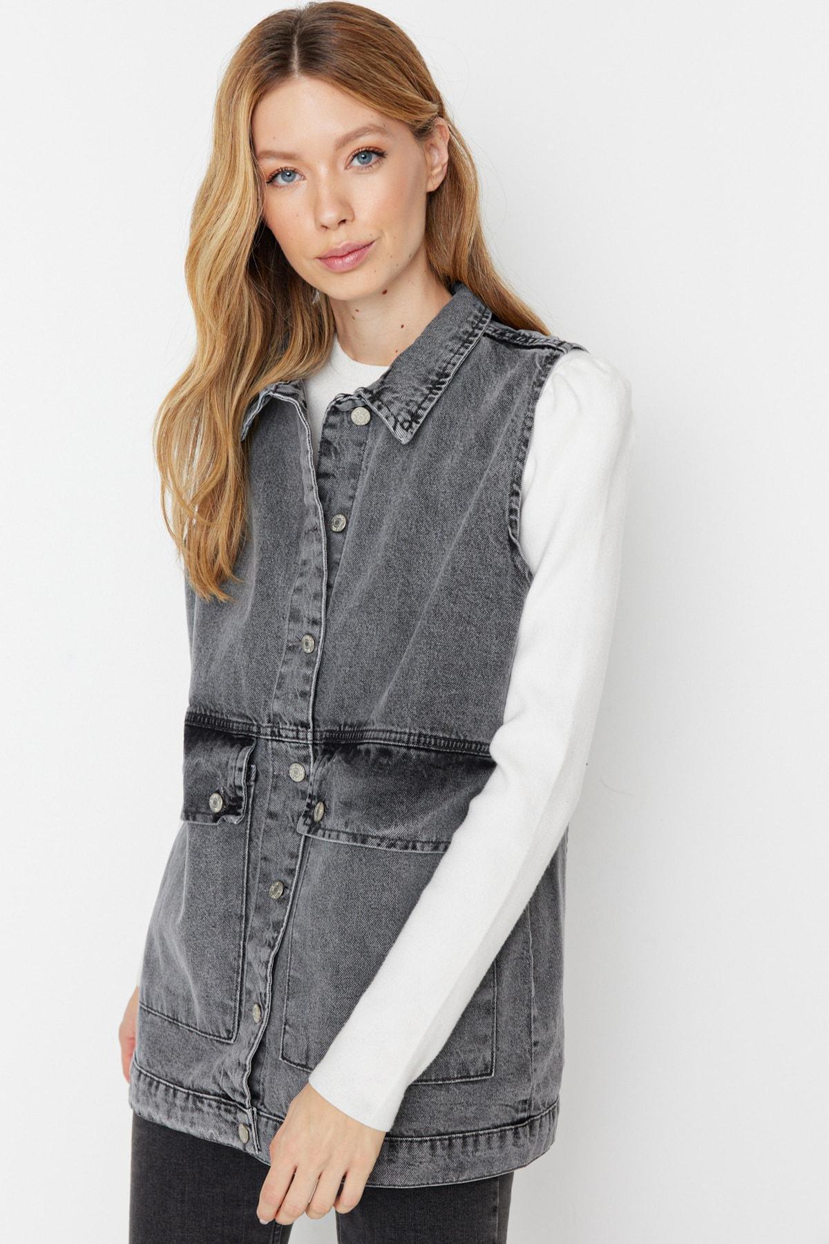 Grey Collared Detailed Denim Jacket, Gray, large image number 6