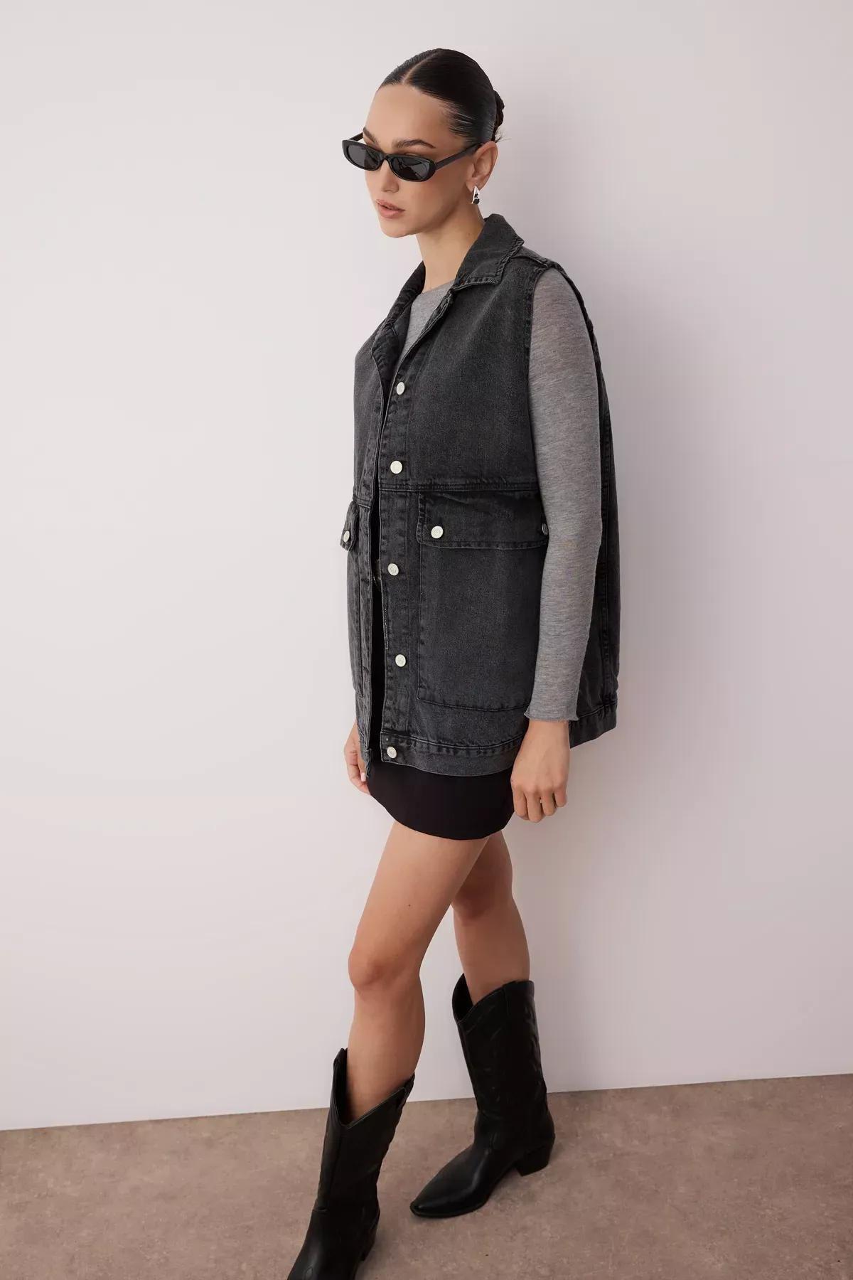 Grey Collared Detailed Denim Jacket, Gray, large image number 7