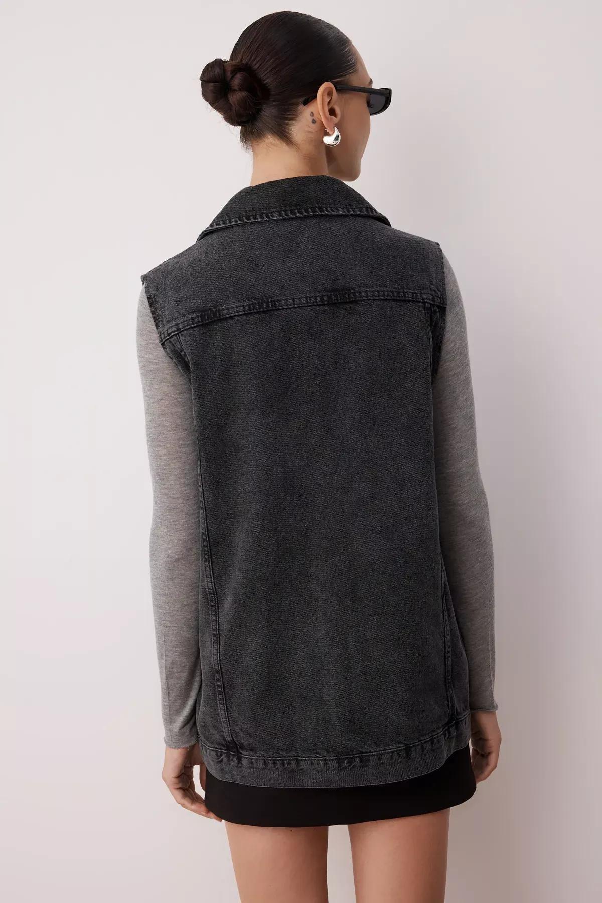 Grey Collared Detailed Denim Jacket, Gray, large image number 10