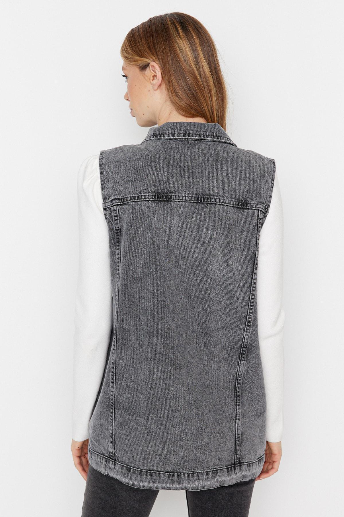 Grey Collared Detailed Denim Jacket, Gray, large image number 12