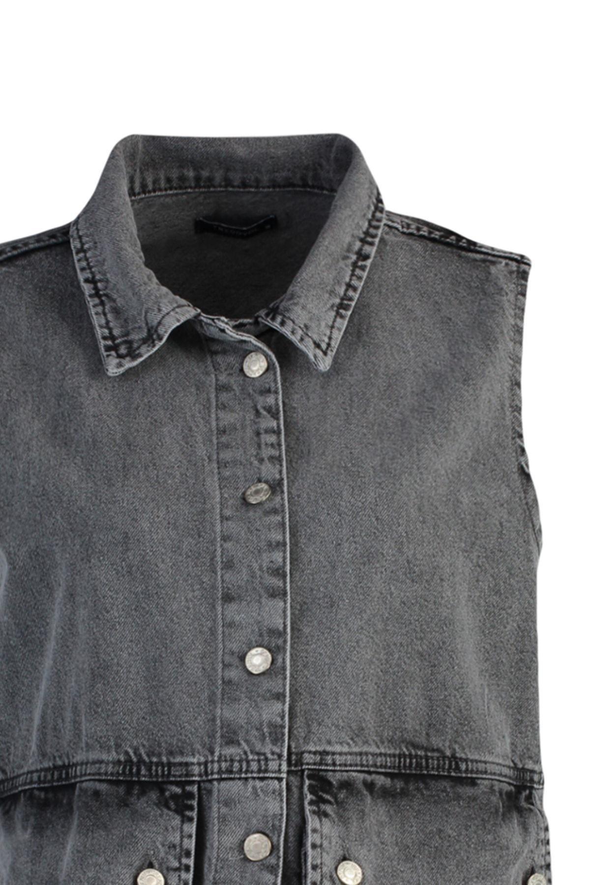 Grey Collared Detailed Denim Jacket, Gray, large image number 13