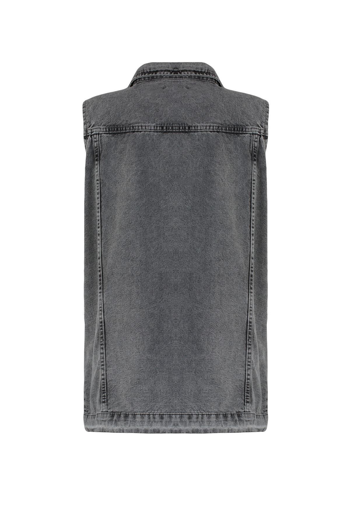 Grey Collared Detailed Denim Jacket, Gray, large image number 14