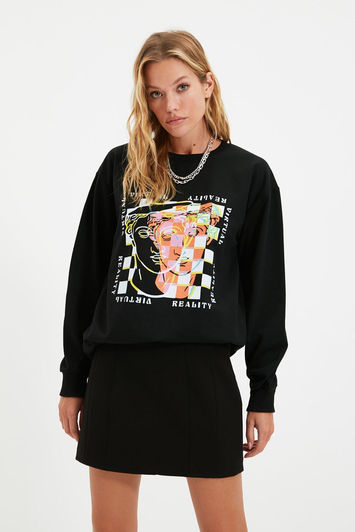 Black Oversize Crew Neck Sweatshirt, , large image number 0