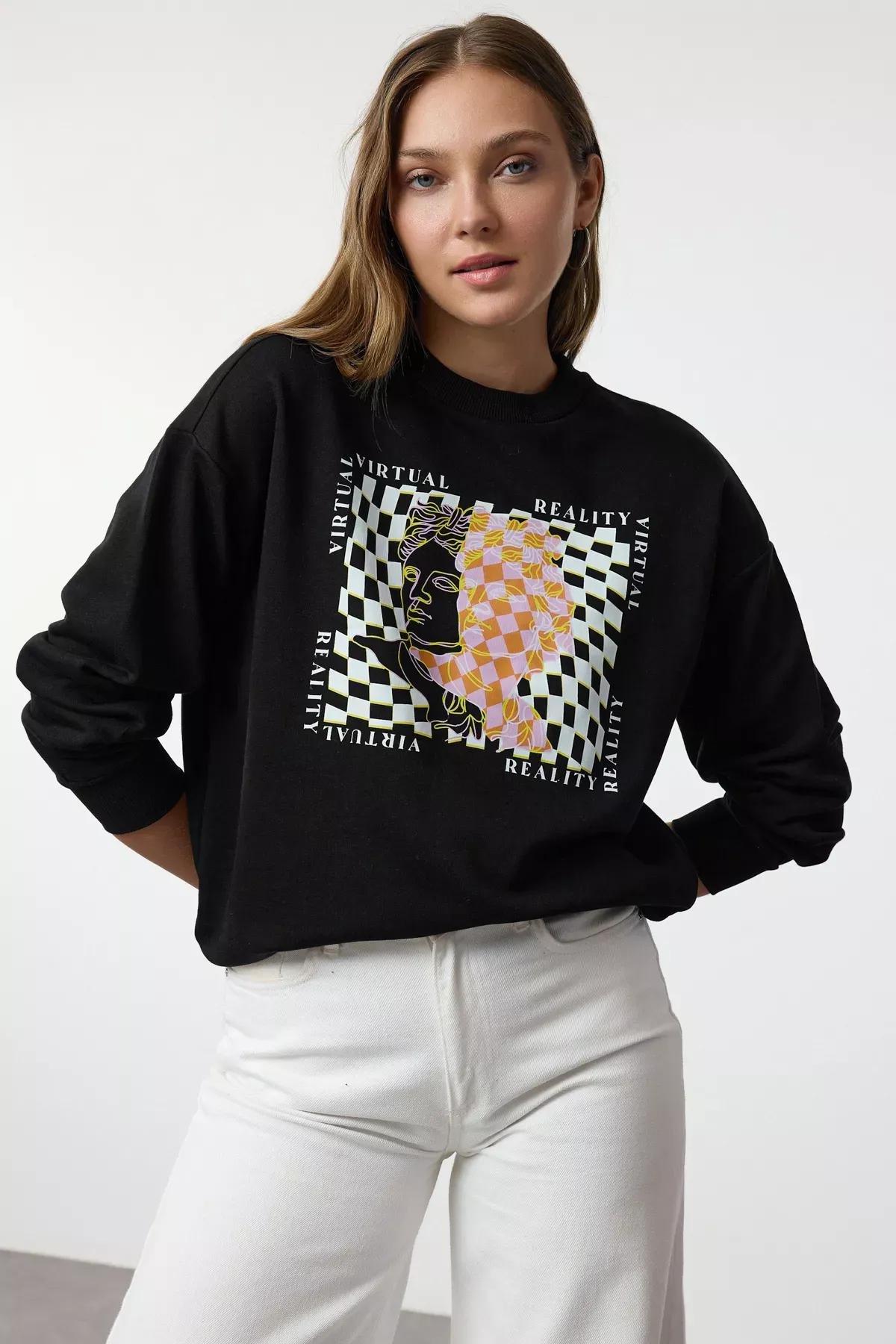 Black Oversize Crew Neck Sweatshirt, , large image number 1