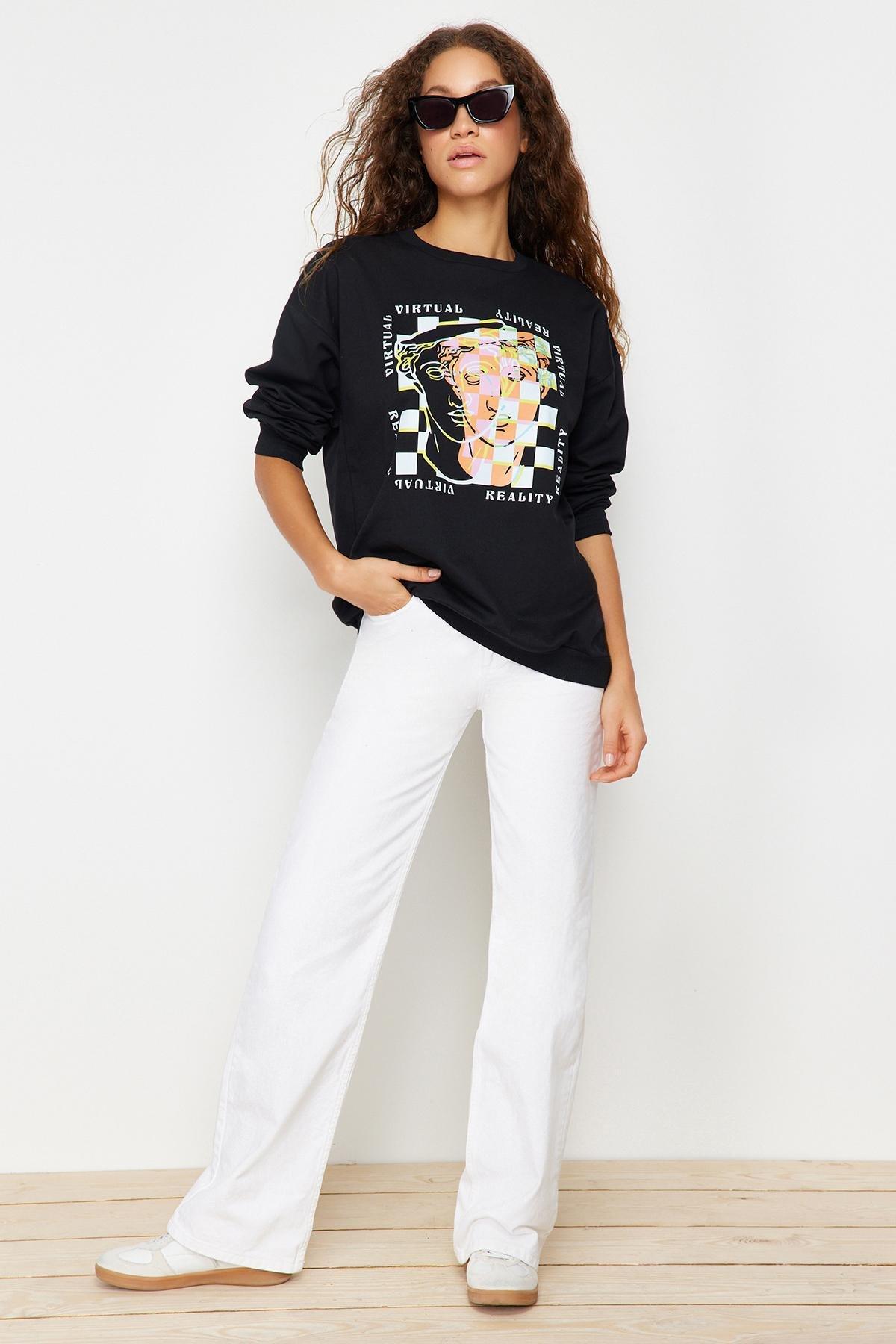Black Oversize Crew Neck Sweatshirt, , large image number 2