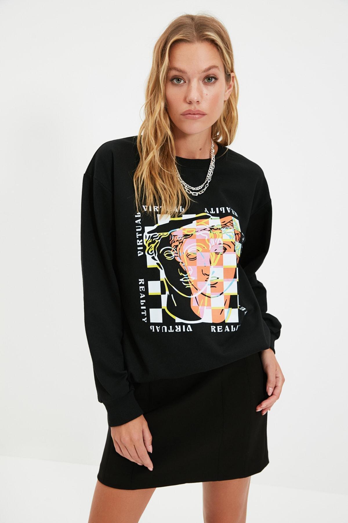 Black Oversize Crew Neck Sweatshirt, , large image number 3