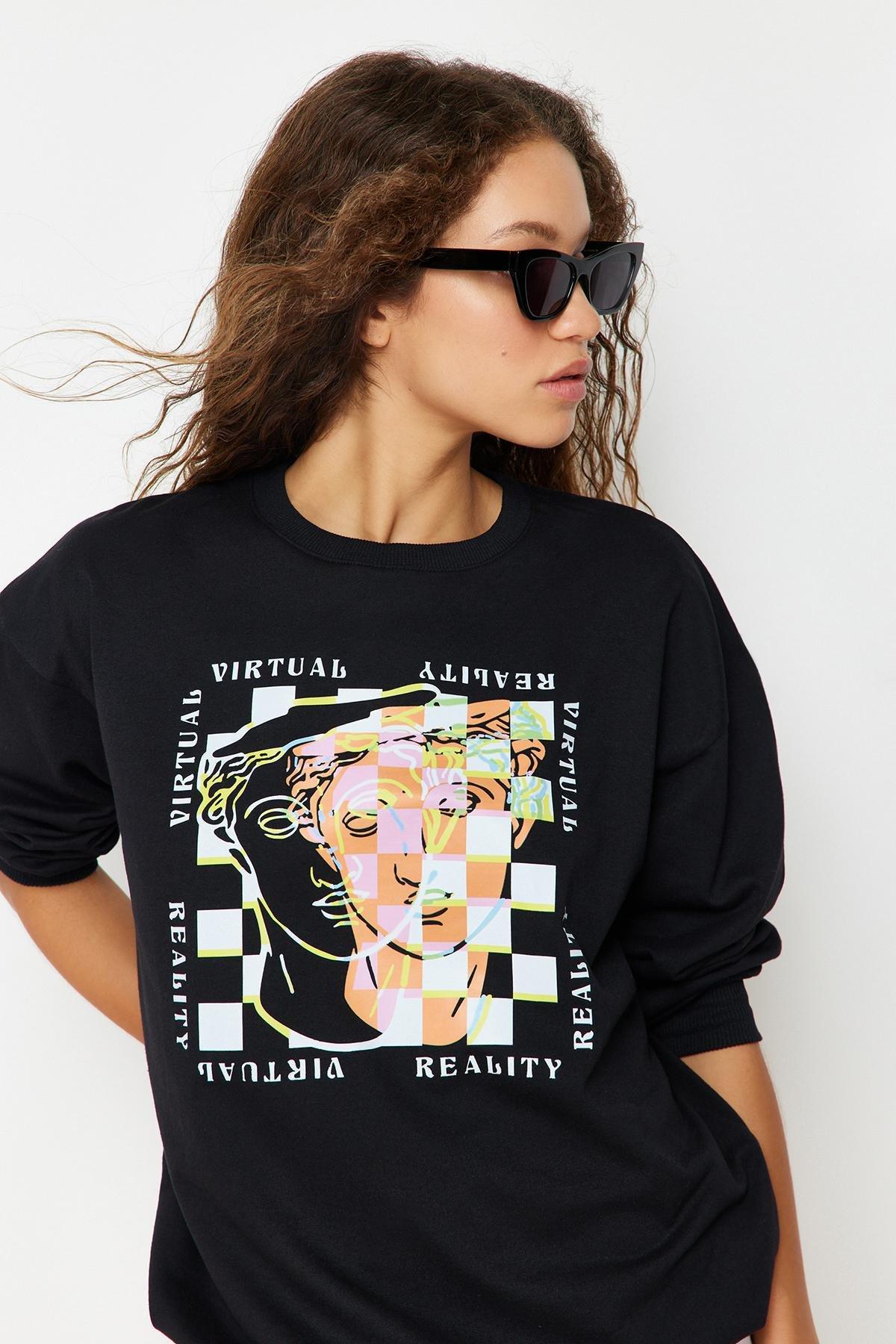 Black Oversize Crew Neck Sweatshirt, , large image number 4