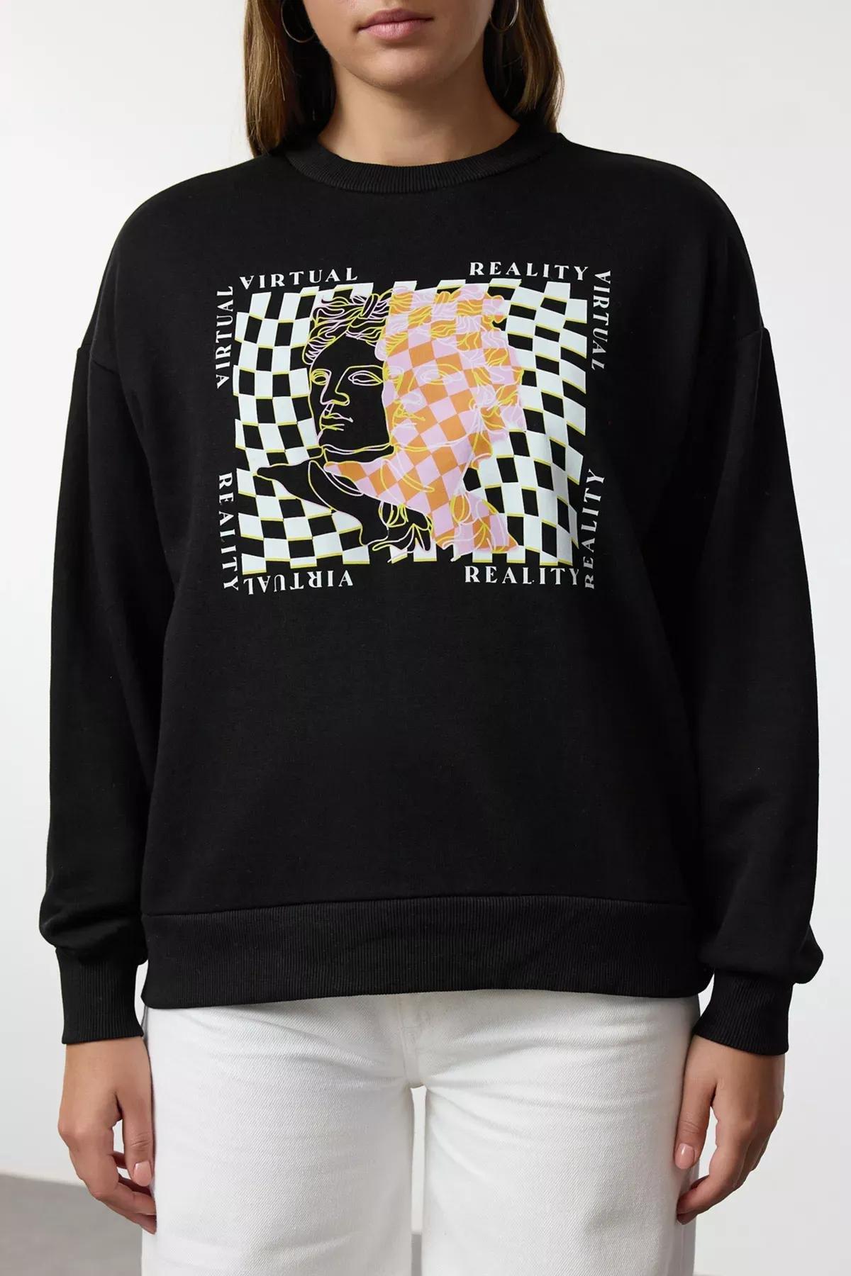 Black Oversize Crew Neck Sweatshirt, , large image number 5