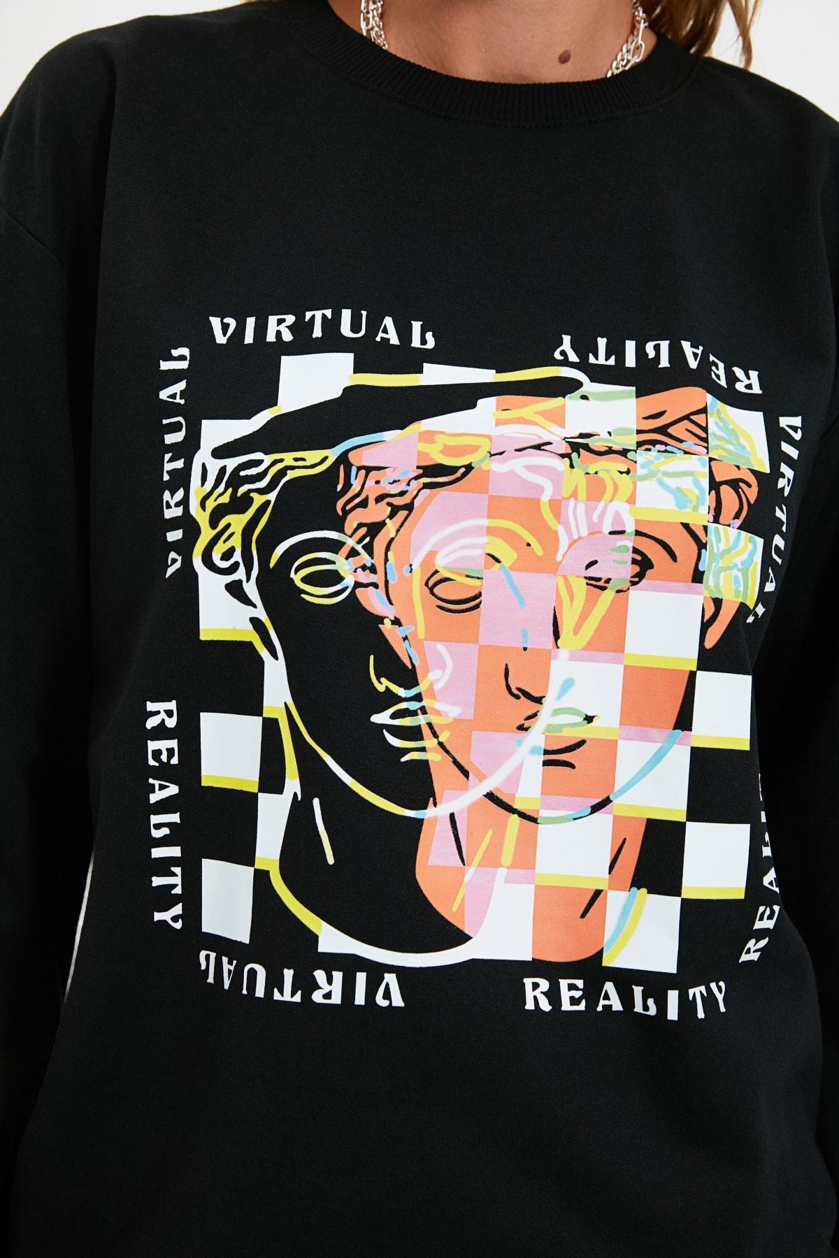 Black Oversize Crew Neck Sweatshirt, , large image number 5