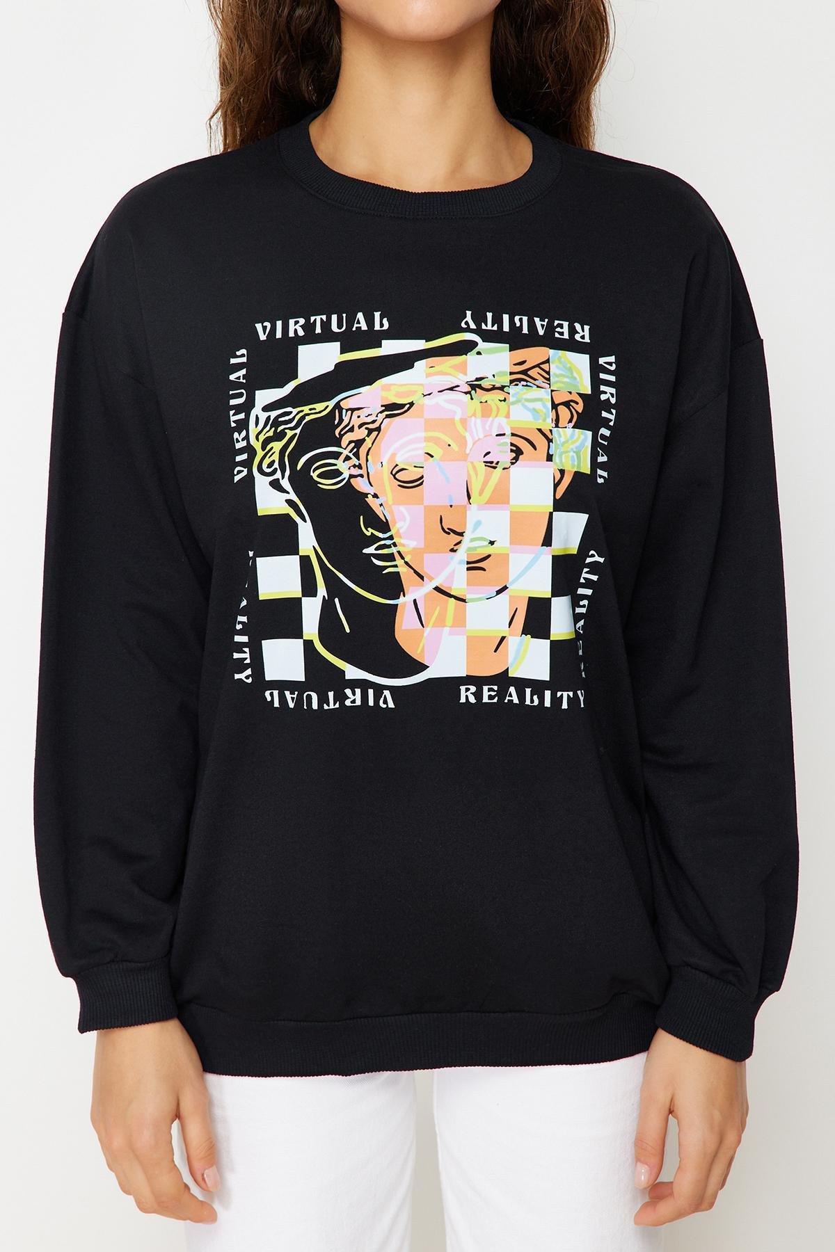 Black Oversize Crew Neck Sweatshirt, , large image number 6