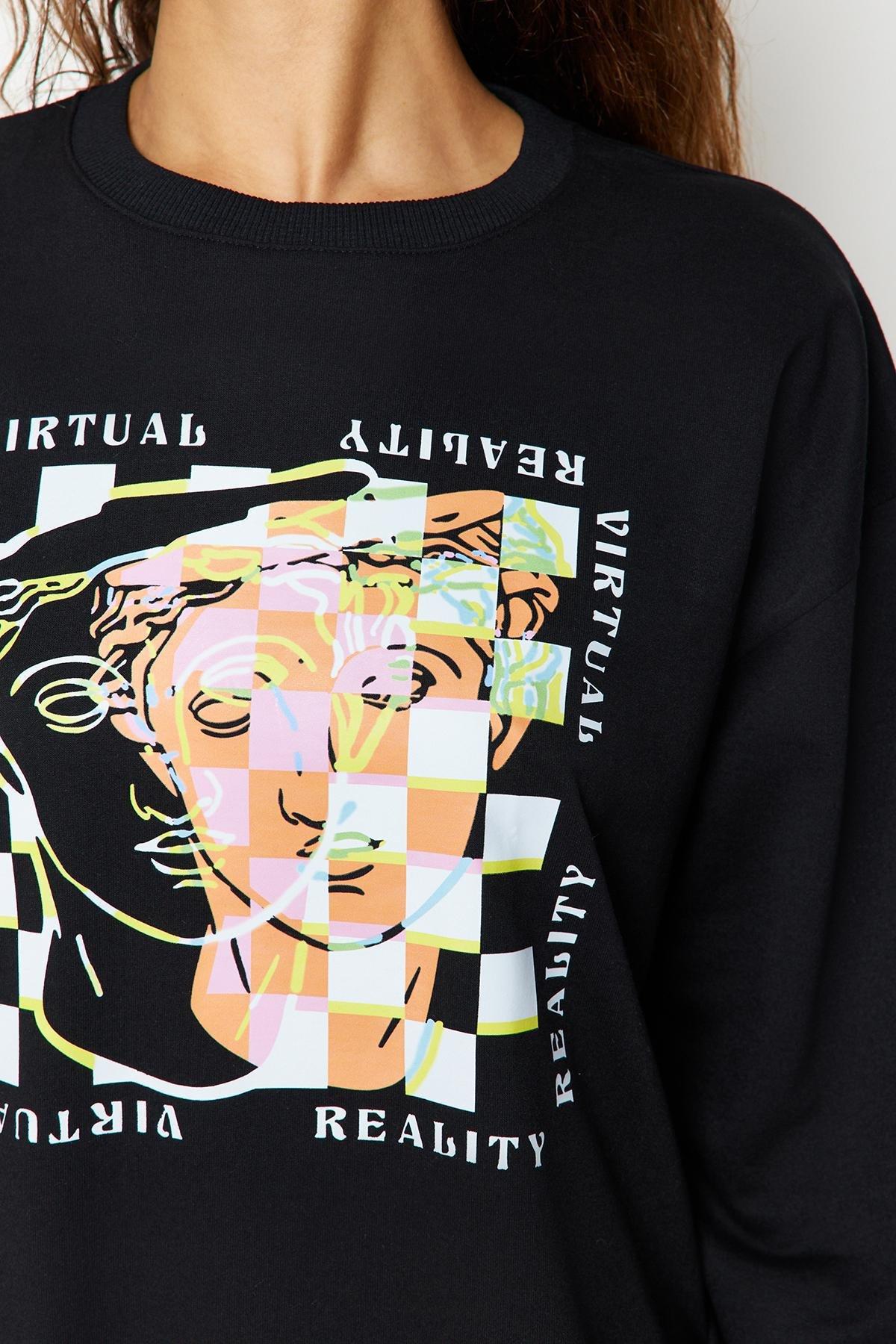 Black Oversize Crew Neck Sweatshirt, , large image number 7