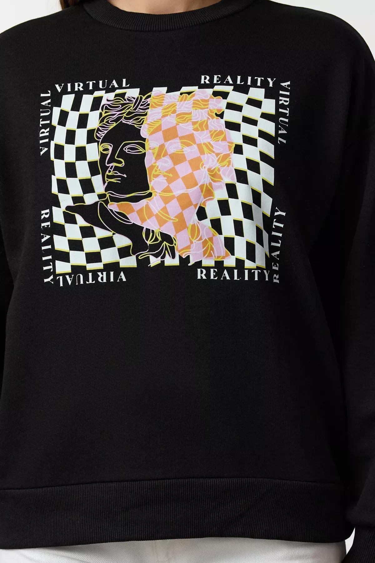 Black Oversize Crew Neck Sweatshirt, , large image number 7