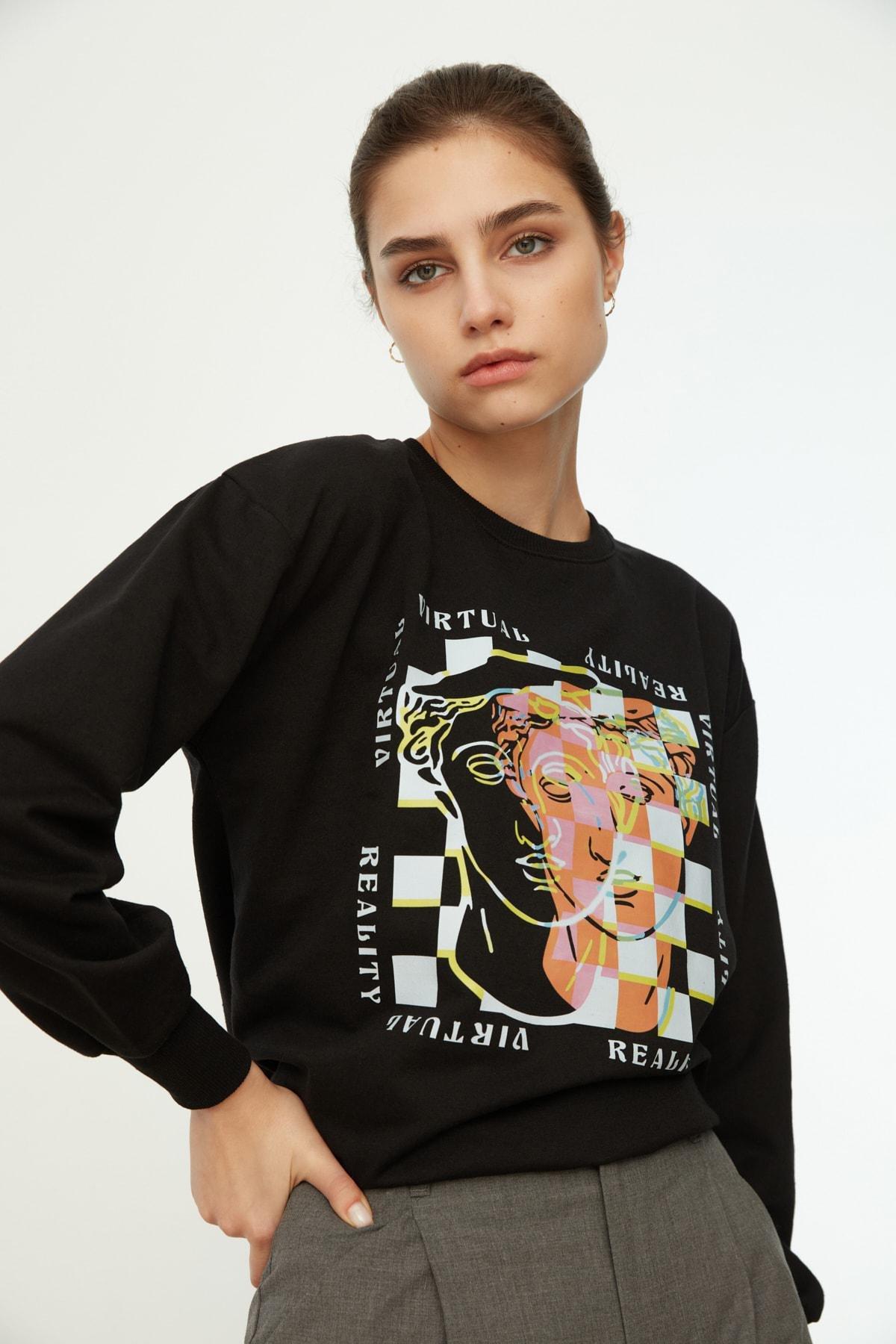 Black Oversize Crew Neck Sweatshirt, , large image number 8