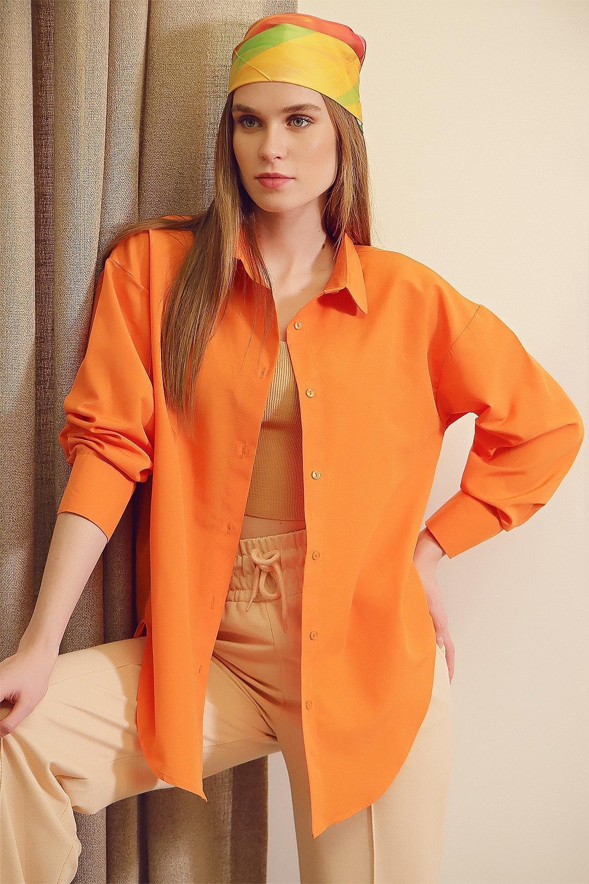 Orange Oversize Long Woven Shirt, Orange, large image number 11