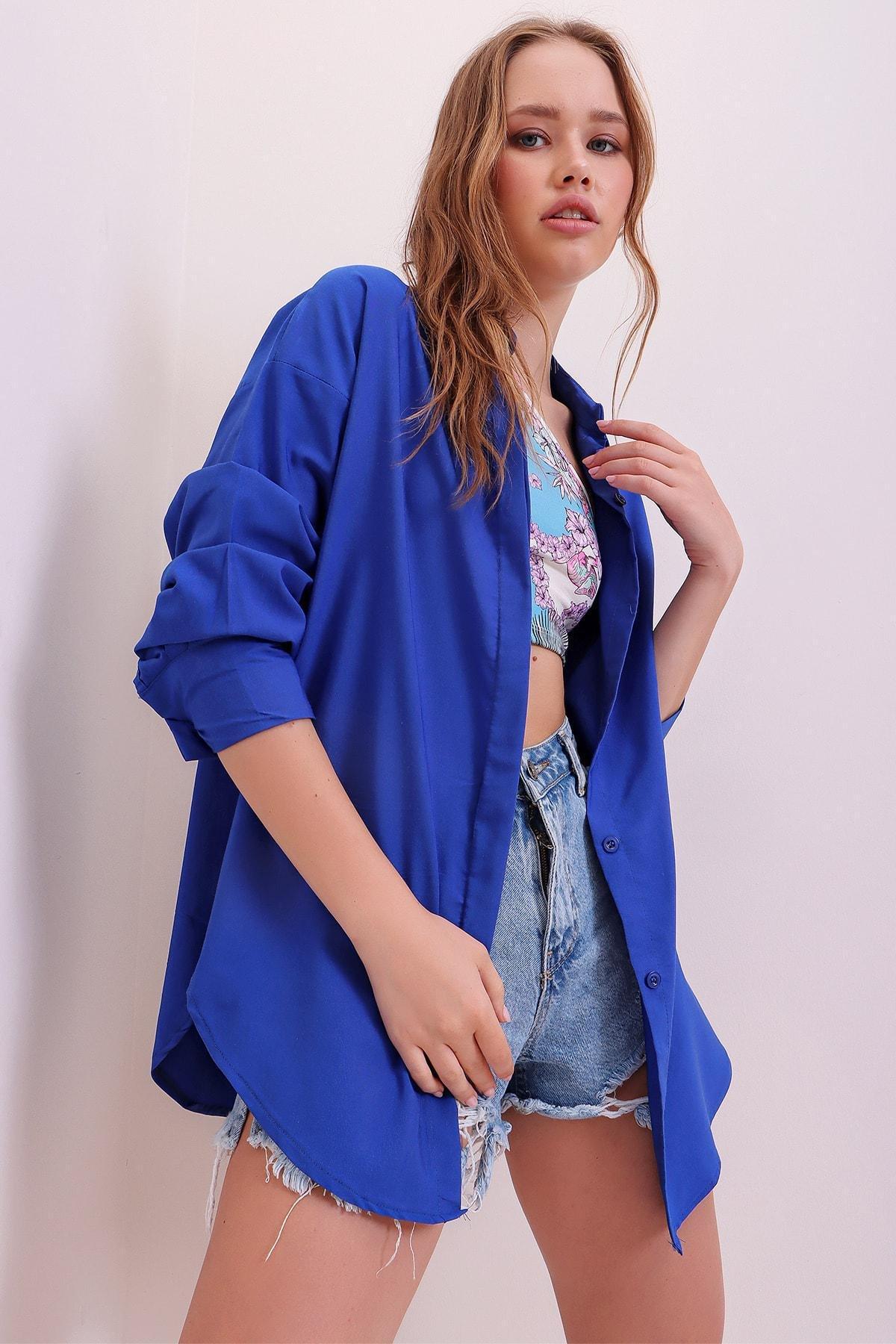 Blue Oversize Long Woven Shirt, , large image number 1