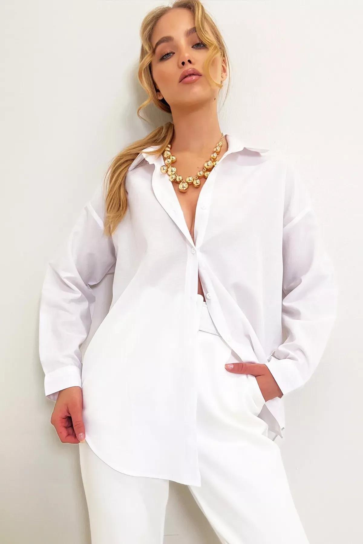 White Oversized Long Woven Shirt, White, medium