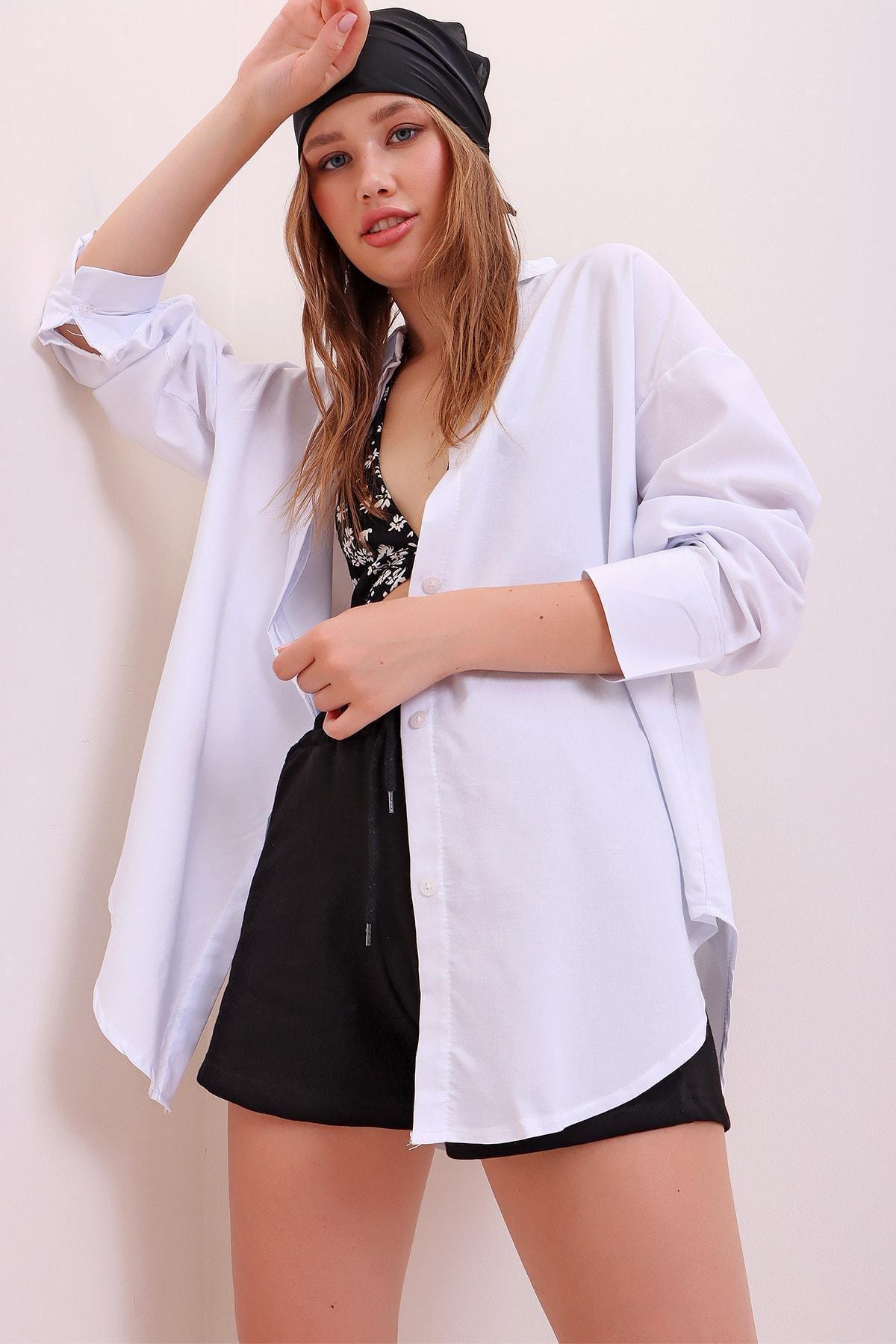 White Oversized Long Woven Shirt, , large image number 2