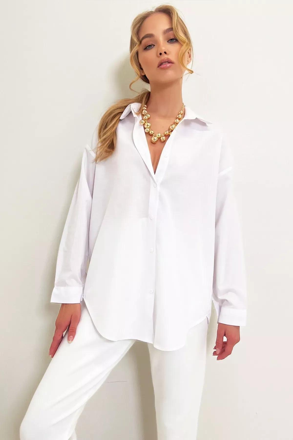 White Oversized Long Woven Shirt, White, large image number 4