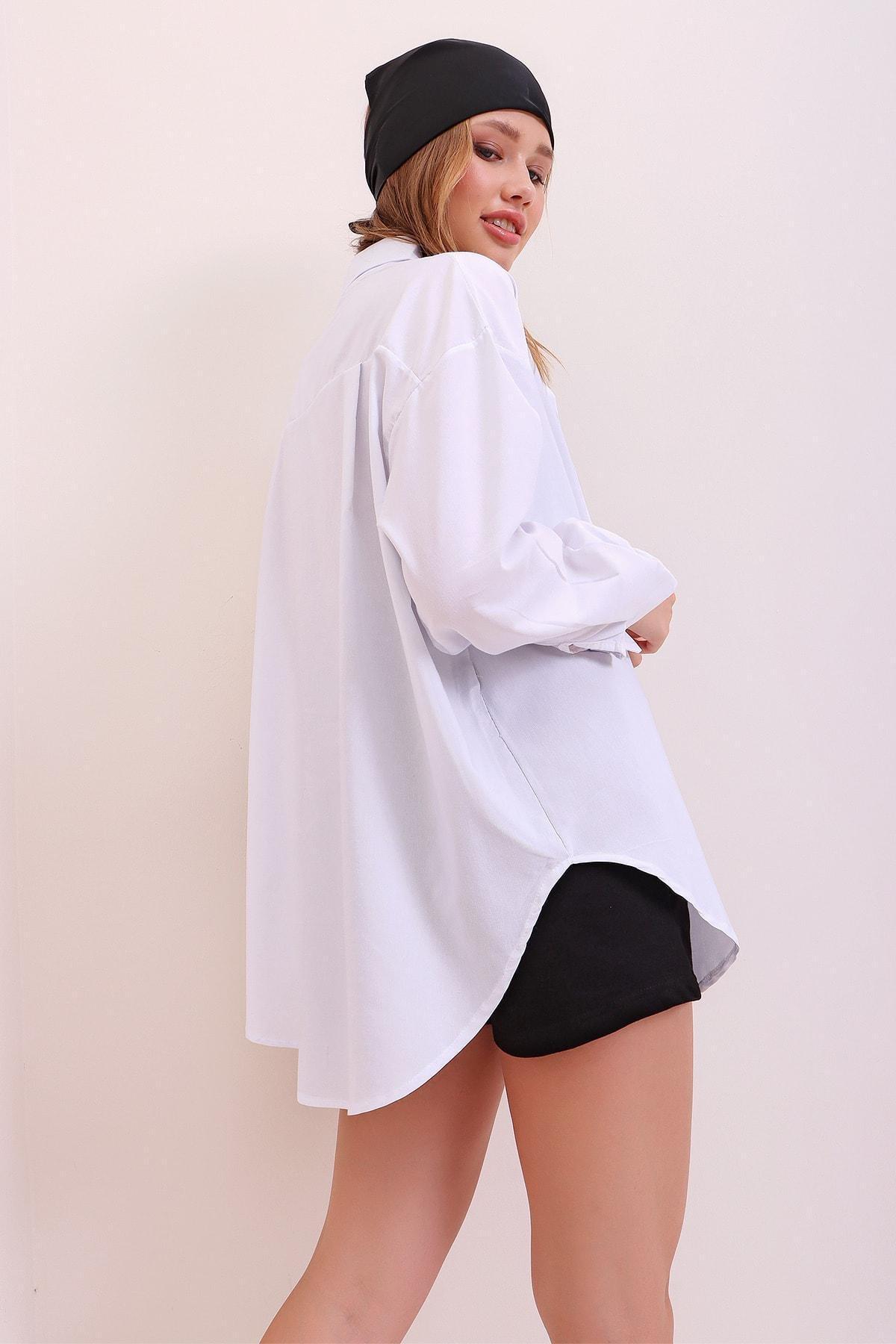 White Oversized Long Woven Shirt, , large image number 5