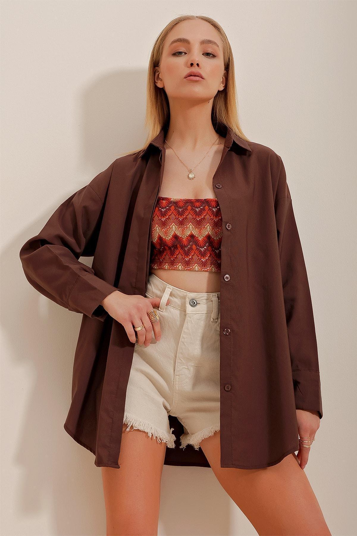 Brown Relaxed V-Neck Shirt, , large image number 1