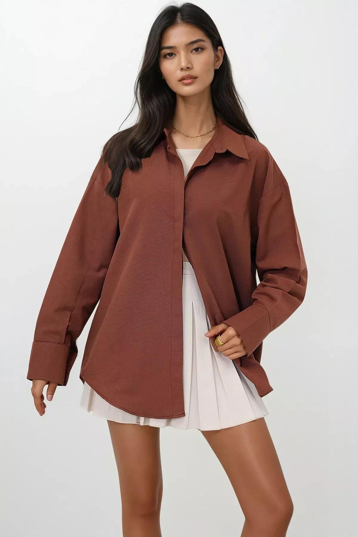 Brown Relaxed V-Neck Shirt, Brown, large image number 2