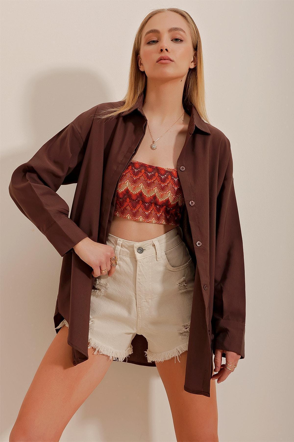 Brown Relaxed V-Neck Shirt, , large image number 9