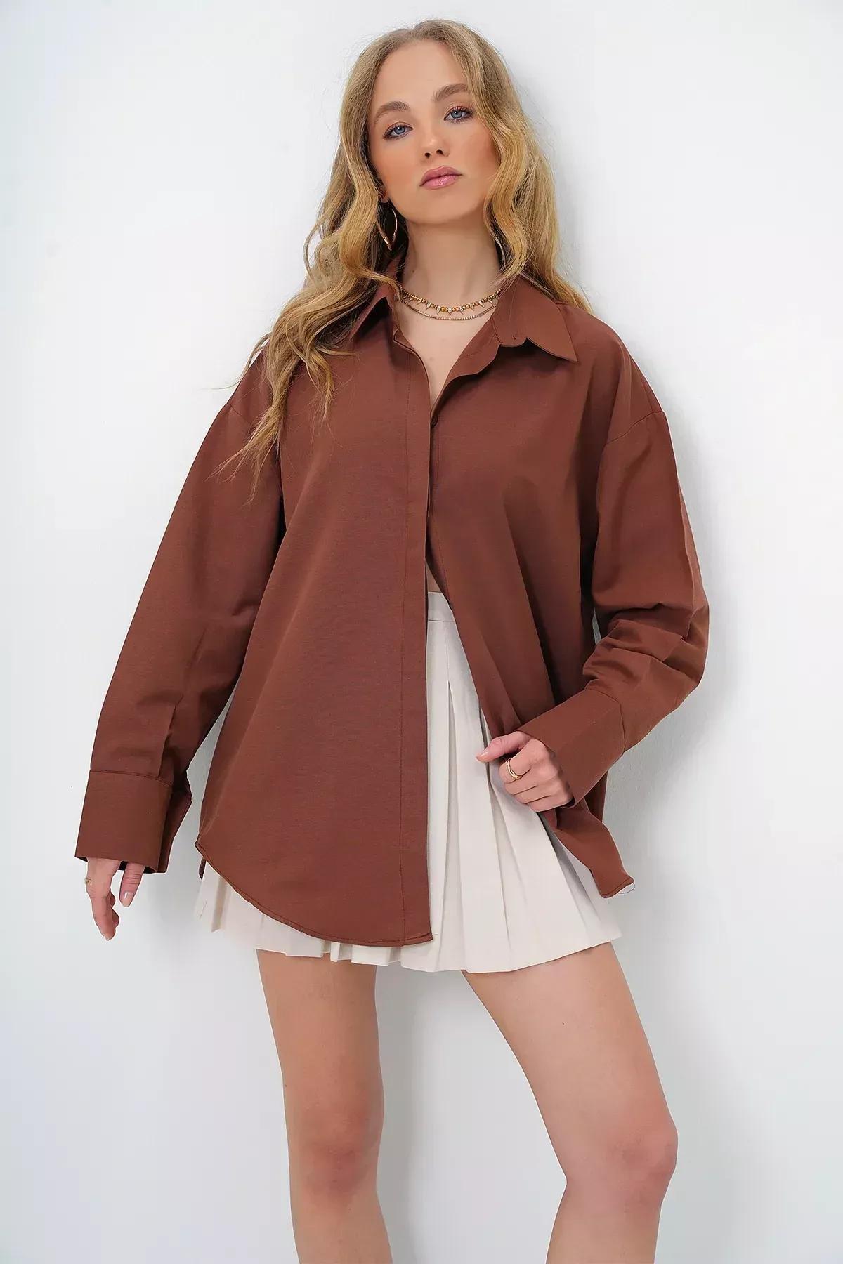 Brown Relaxed V-Neck Shirt, Brown, large image number 10