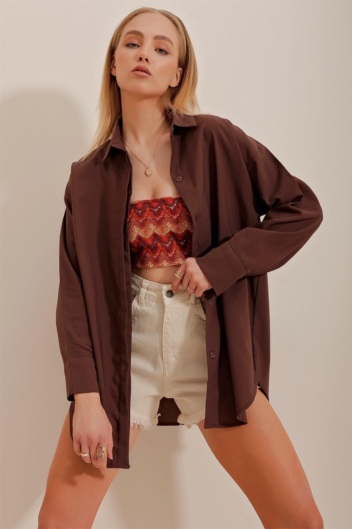 Brown Relaxed V-Neck Shirt, , large image number 13
