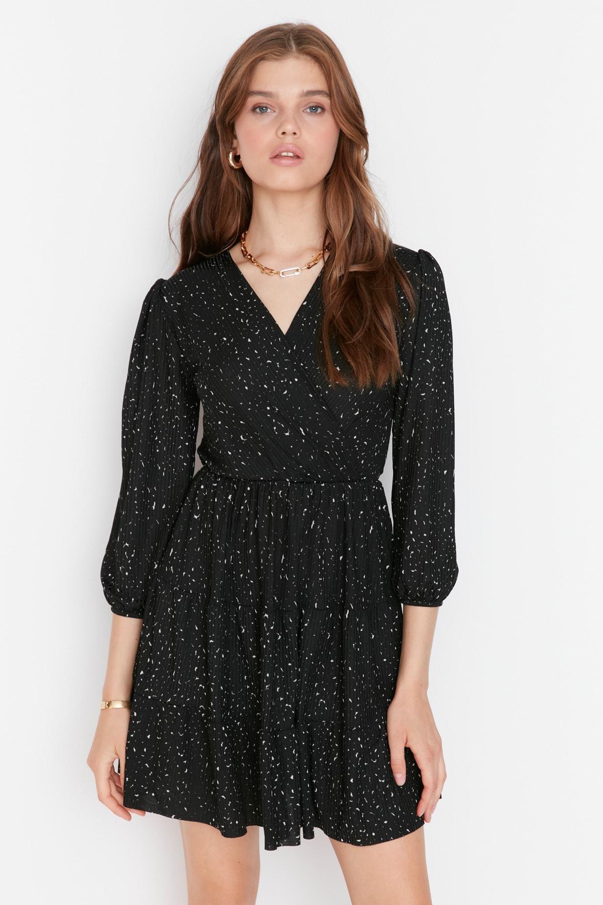 فستان سكيتر بفتحة رقبة V متقاطعة، أسود, Black, large image number 6