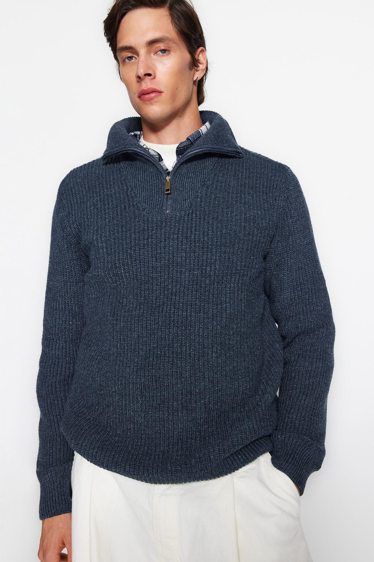 Navy High Neck Sweater, Indigo, medium