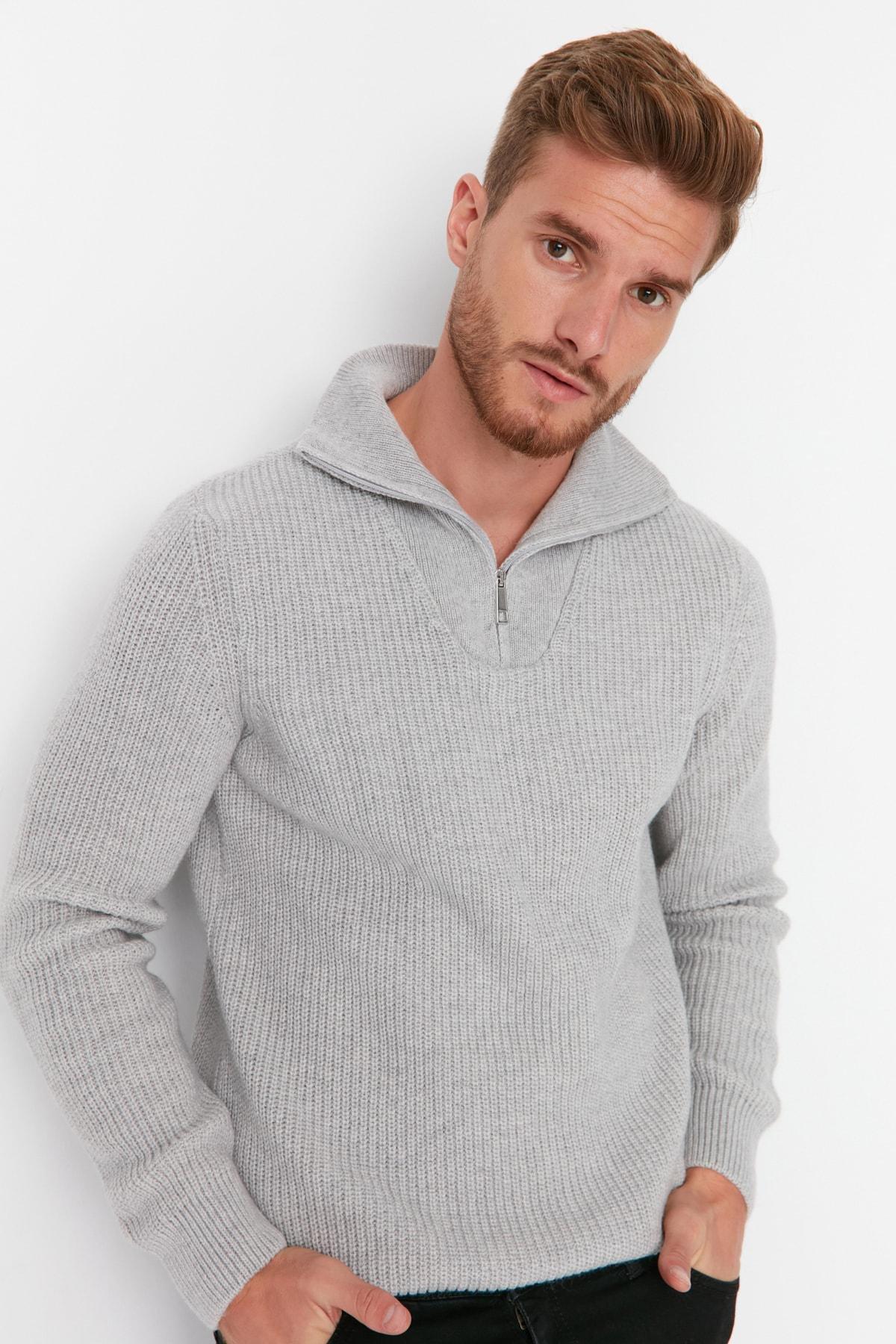 Grey Regular Fit Woolen Zipper Turtleneck Knitwear Sweater TMNAW22KZ0347, Single item, , large image number 0