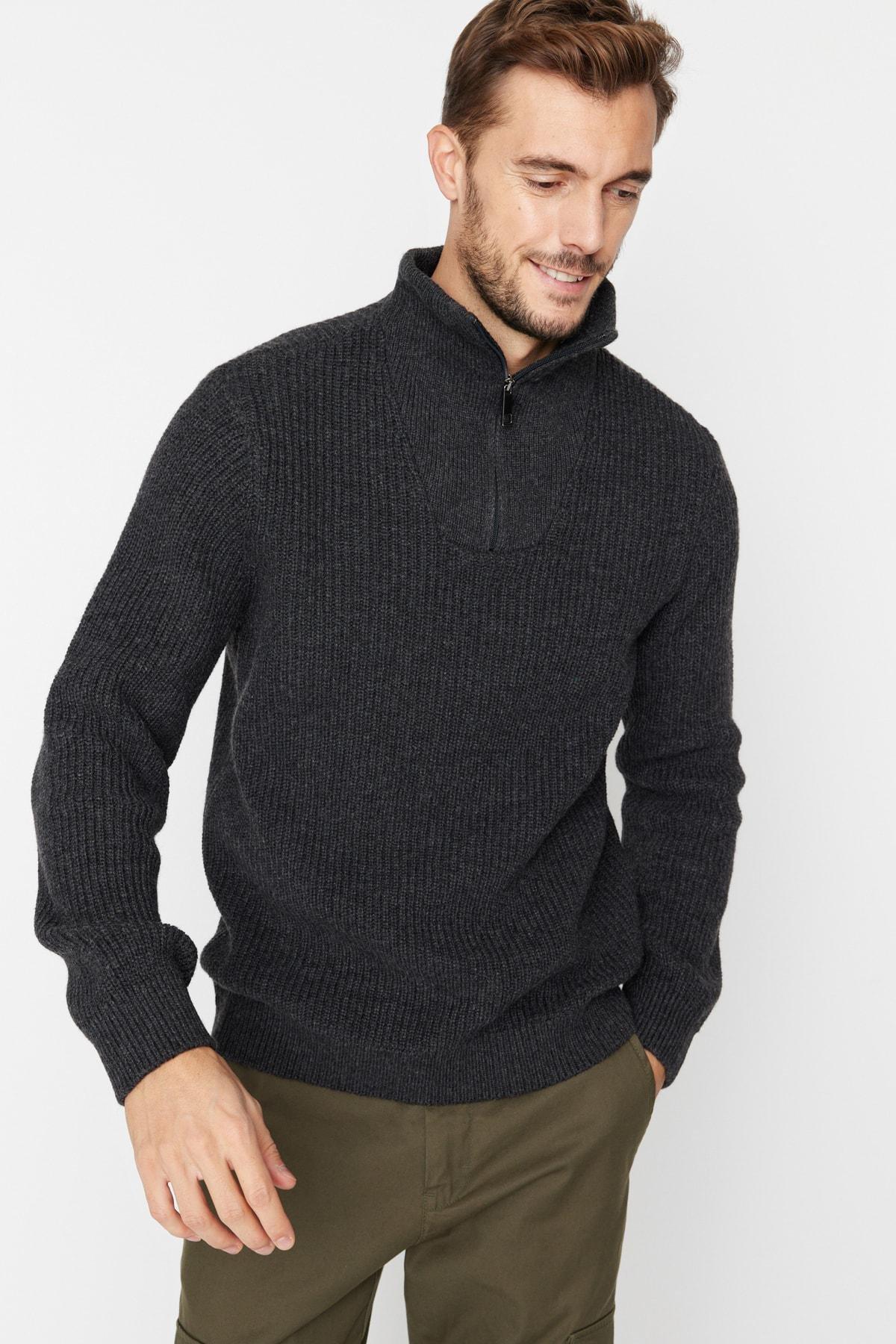 Grey Regular Fit Woolen Zipper Turtleneck Knitwear Sweater TMNAW22KZ0347, Single item, , large image number 1