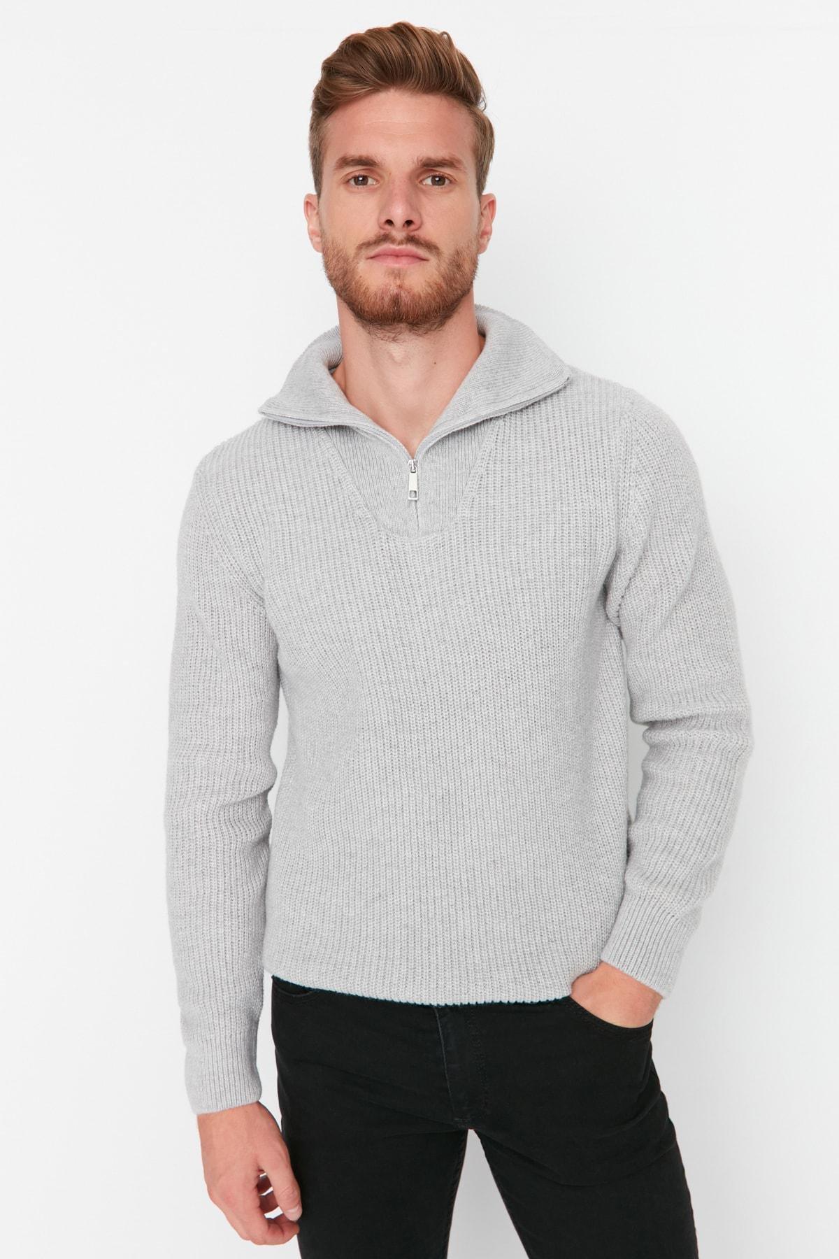 Grey Regular Fit Woolen Zipper Turtleneck Knitwear Sweater TMNAW22KZ0347, Single item, , large image number 2